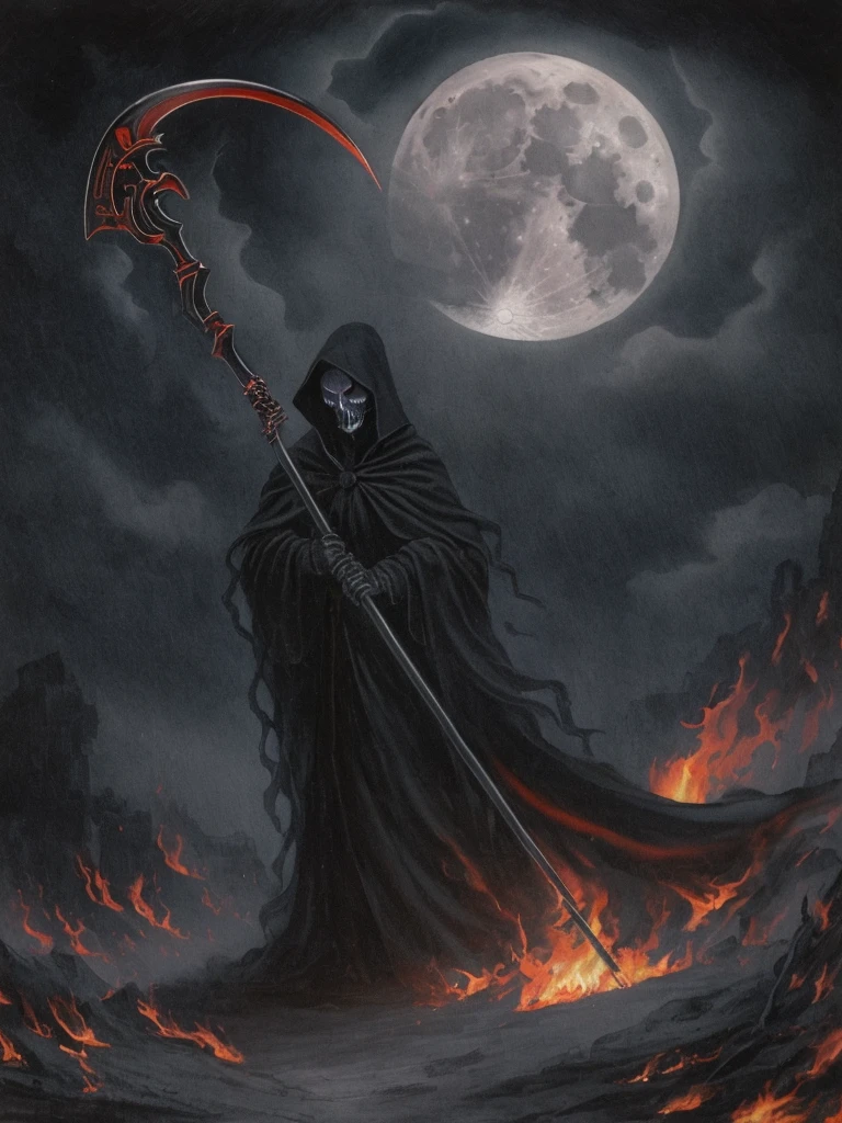 In the foreground: A dark grim reaper with a fire scythe. In the background: A dark scene, spooky, terrifying, full moon half covered by a cloud