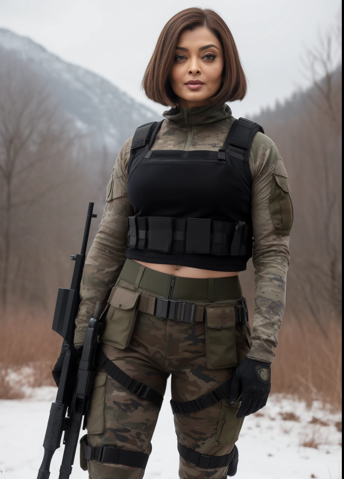 45yo MATURE MILF AISHWARYA RAI, with assault riffle in hands, (photorealistic), beautiful lighting, best quality, realistic, full body portrait, real picture, intricate details, depth of field, 45-years-old, in a cold snowstorm, A very attractive milf solider girl with ((bob cut hair)), wearing black military shorts and tight crop top, knee high boots, camo plate carrier rig, combat gloves, (magazin pouches), (kneepads), highly-detailed, perfect face, hazel eyes, lips, wide hips, small waist, tall, make up, tacticool, Fujifilm XT3, outdoors, bright day, Beautiful lighting, RAW photo, 8k uhd, film grain, ((bokeh))