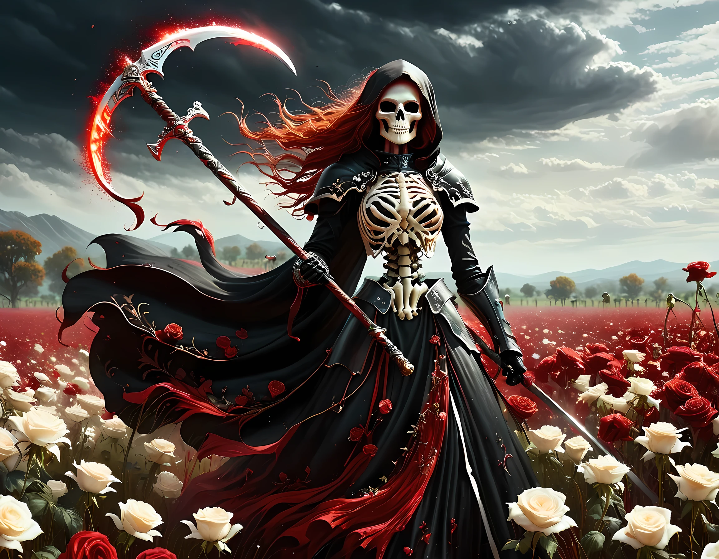 dark fantasy art, a female skeletal grim reaper in a field of white roses, the reaper has (skeletal head: 1.3) , long (red: 1.2) hair , red glowing eyes, she wears black robes, and black armor dress, ArmoredDress, flowing robes, she holds a scythe, in her arms, the scythe is dripping blood, a field of white roses background (best details, Masterpiece, best quality: 1.4), dynamic range, ultra wide shot, photorealism, depth of field, hyper realistic, RagingNebula