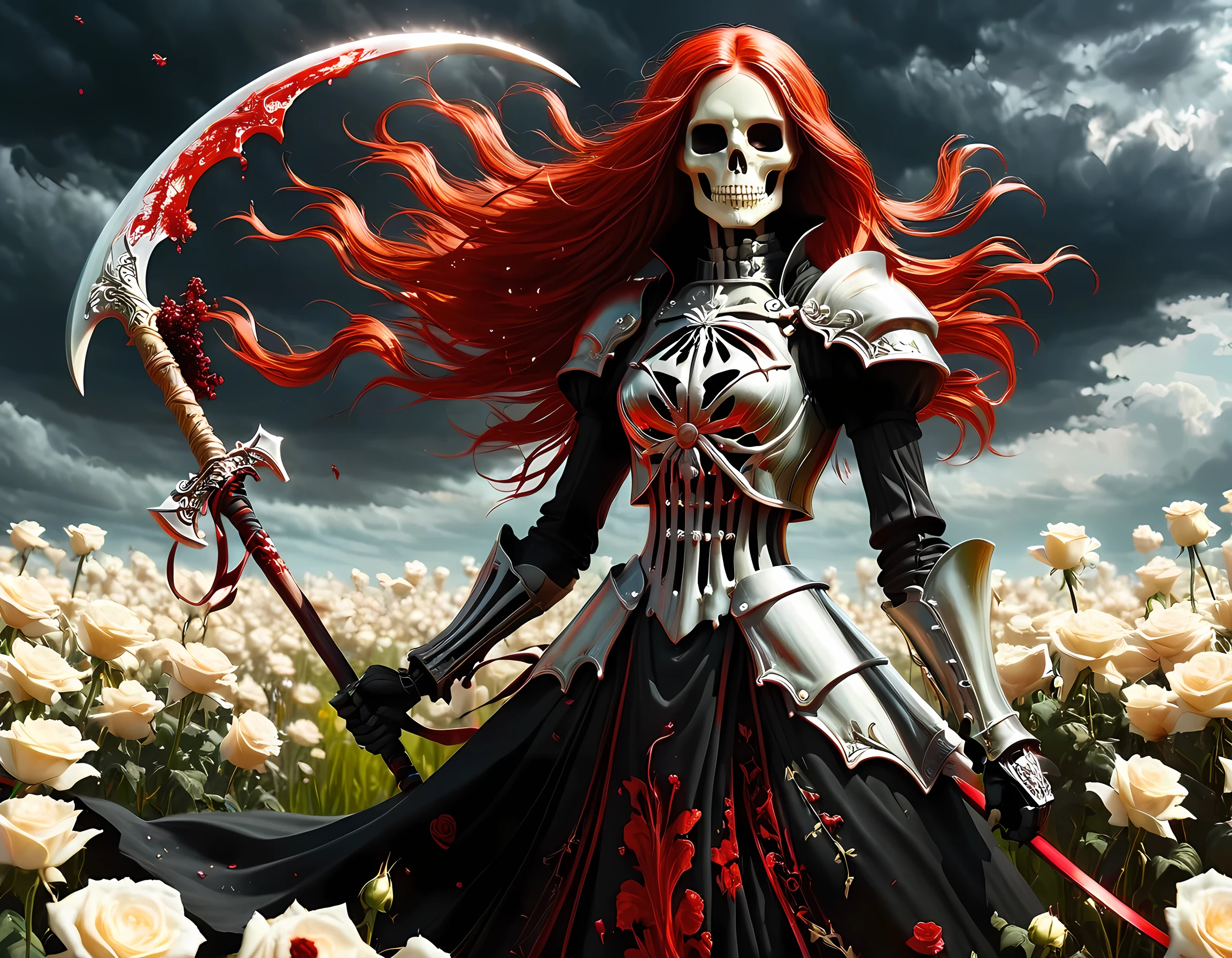 dark fantasy art, a female skeletal grim reaper in a field of white roses, the reaper has (skeletal head: 1.3) , long (red: 1.2) hair , red glowing eyes, she wears black robes, and black armor dress, ArmoredDress, flowing robes, she holds a scythe, in her arms, the scythe is dripping blood, a field of white roses background (best details, Masterpiece, best quality: 1.4), dynamic range, ultra wide shot, photorealism, depth of field, hyper realistic, RagingNebula