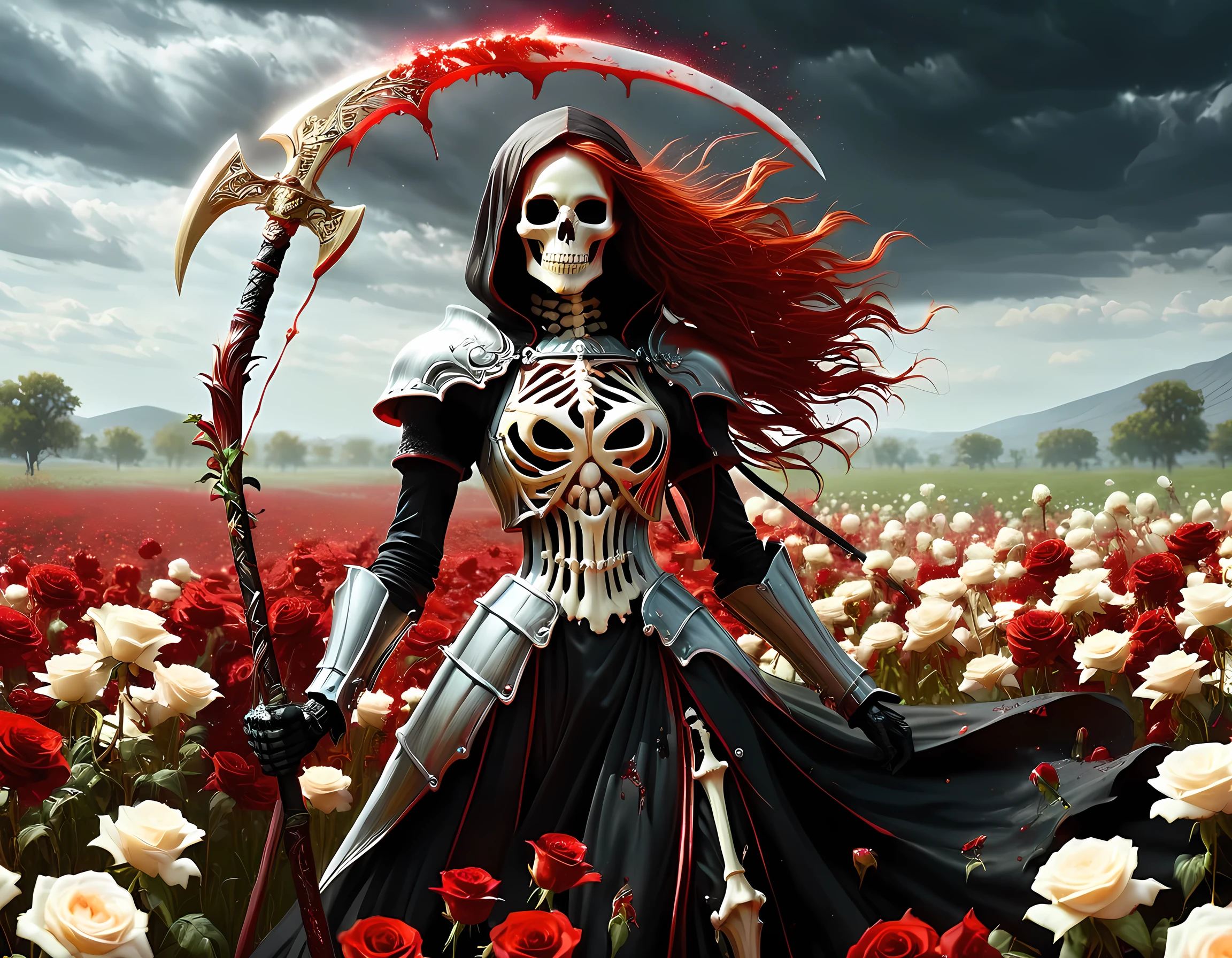 dark fantasy art, a female skeletal grim reaper in a field of white roses, the reaper has (skeletal head: 1.3) , long (red: 1.2) hair , red glowing eyes, she wears black robes, and black armor dress, ArmoredDress, flowing robes, she holds a scythe, in her arms, the scythe is dripping blood, a field of white roses background (best details, Masterpiece, best quality: 1.4), dynamic range, ultra wide shot, photorealism, depth of field, hyper realistic, RagingNebula