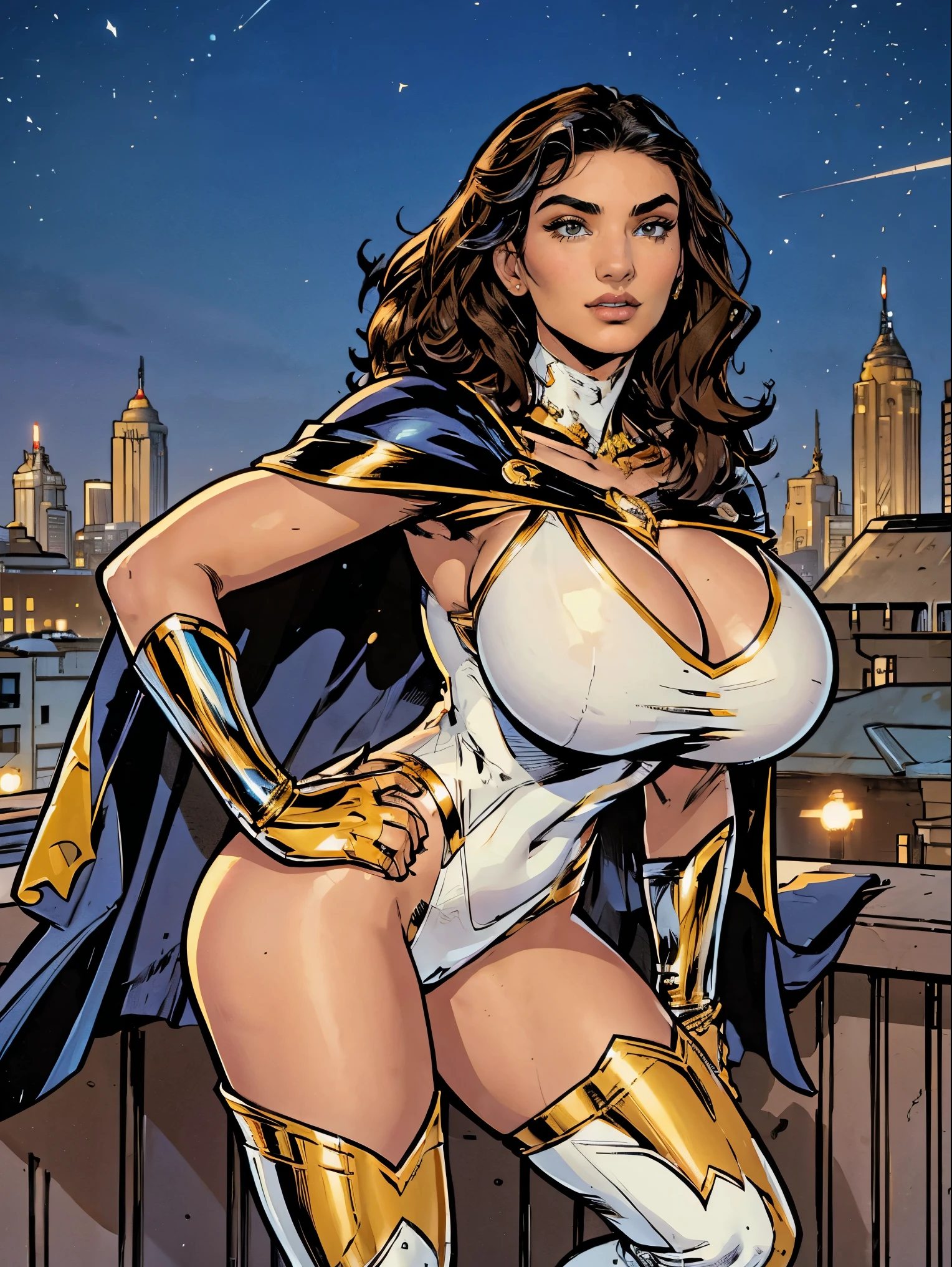 Gorgeous and sultry busty athletic (thin) brunette with sharp facial features and a (large nose) and (huge boobs) wearing a white and gold superhero leotard, cape, gloves, thigh-high boots. City skyline, rooftops, daytime.