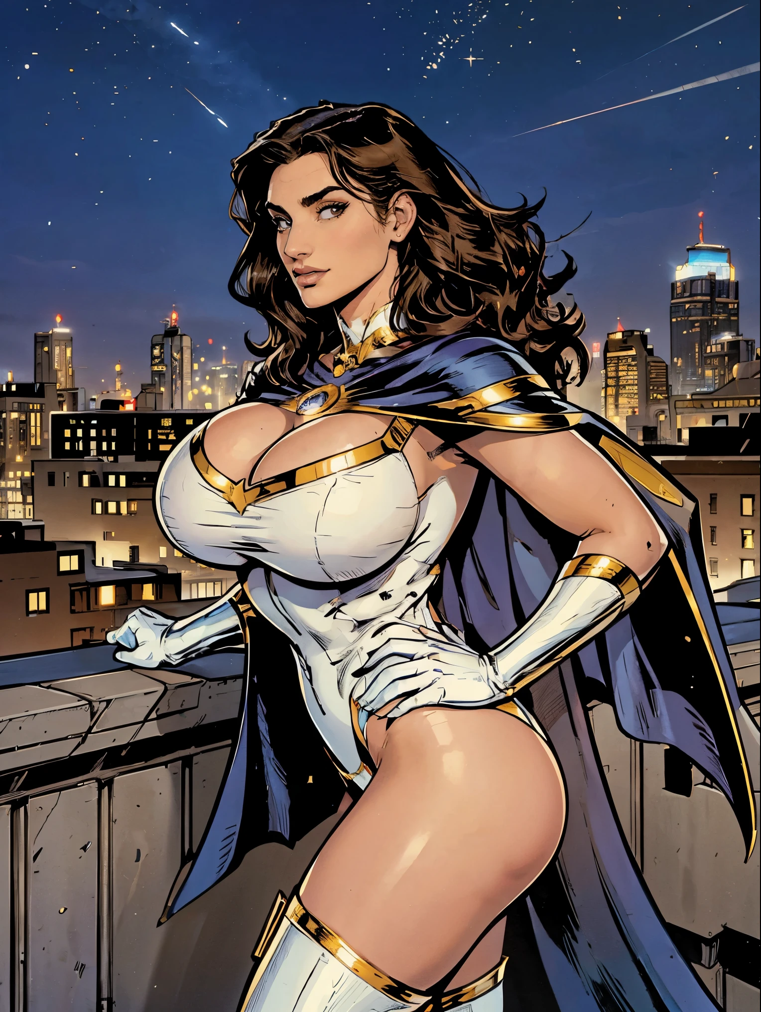 Gorgeous and sultry busty athletic (thin) brunette with sharp facial features and a (large nose) and (huge boobs) wearing a white and gold superhero leotard, cape, gloves, thigh-high boots. City skyline, rooftops, daytime.
