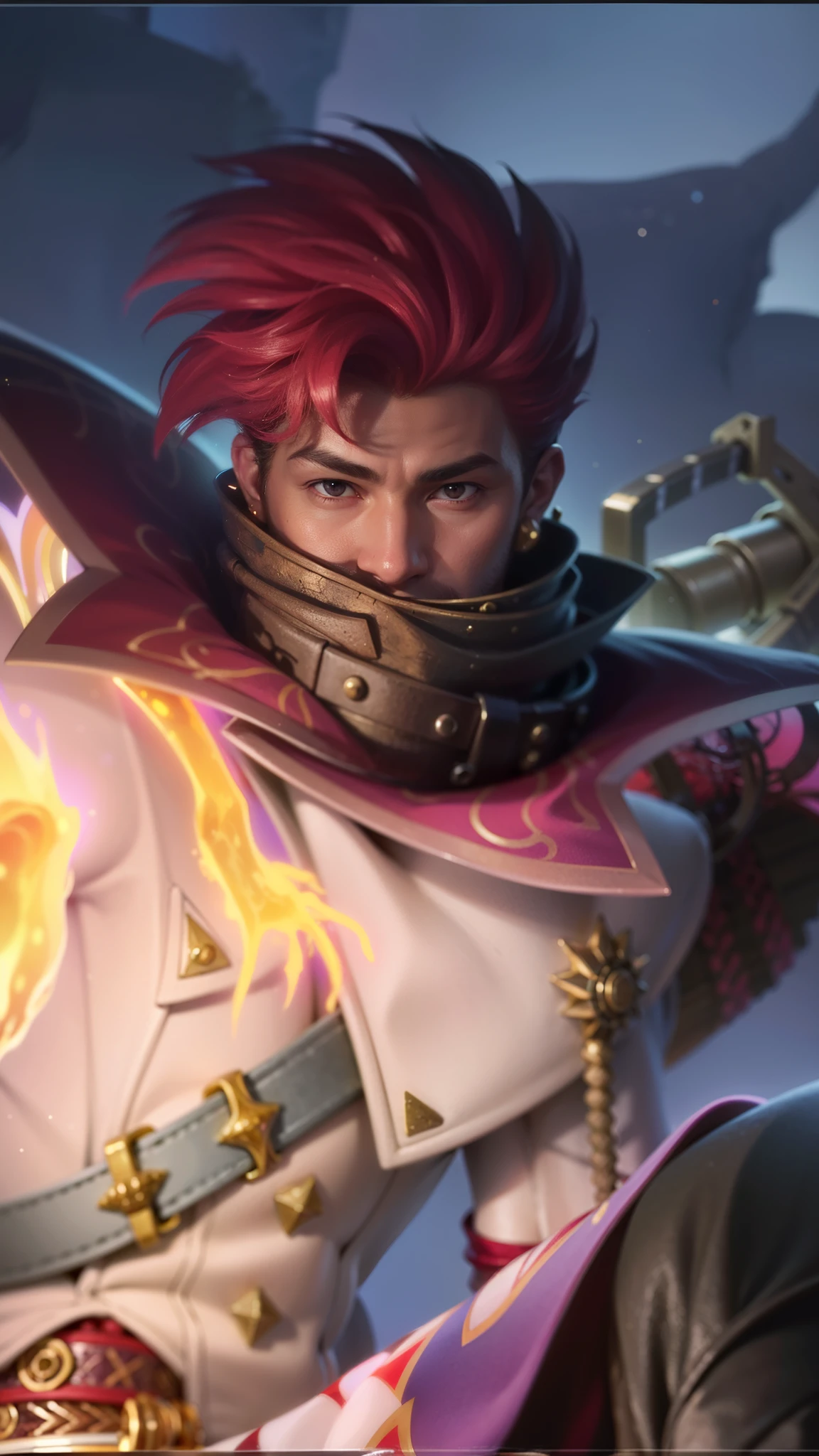 a close up of a guy with a steampunk mask on, Best quality, masterpiece, detailed skin texture, detailed clothes texture, detailed face, super detail, 8k, intricate detail, 1 boy, The color doesn't change, Muscle guy, 1 guy, strong red eye glow.