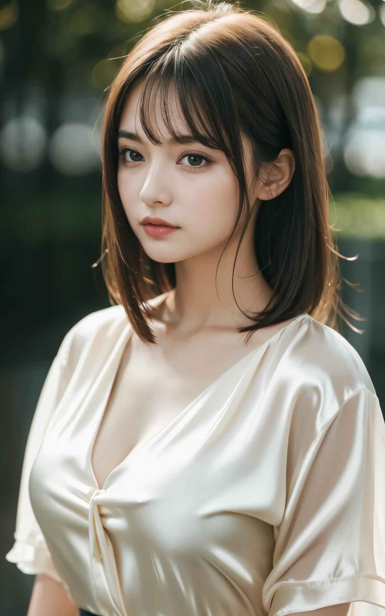 masterpiece, Best Quality, 8K, 20 yo, (Large breast:1.2), cuddly, Solo, sad, close up, Cute, Girly, Delicate girl, Neat and clean beauty, Raw photo, Professional Photography, Portrait, Soft light, Professional Lighting, Back lighting, Upper body, Looking away, Sophisticated, Film grain, (Eyes and faces with detailed:1.0), short length floating hair , beautiful flowing hair, bangs, silk blouse,