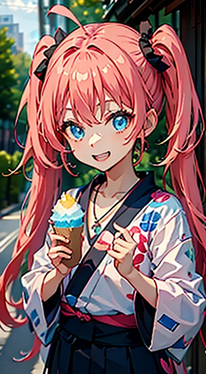 masterpiece, highest quality, 高解picture度,Anime Style、Characters from TenSura、picture、whole body Platinum pink hair(Twin tails:20:1)(Ahoge:1:10)、blue eyes、About 、fair、Yukata、Shaved ice in the right hand、smile、The double tooth shines、Red on the neck、white、Blue magatama necklace、(ピンクとwhiteのボーダーの靴下:7:1)
