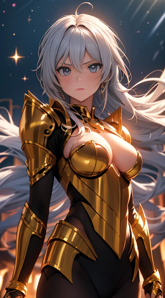 Ultra-high saturation,(tmasterpiece), fully body photo,(best qualtiy), (1girll), starryskybackground,Wearing shiny gold armor, cool-pose, Saint Seiya Armor, messy hair,high detal, Anime style, Cinematic lighting, Sparkle, god light, Ray traching, filmgrain, hyper HD, textureskin, super detailing, Anatomical correct, A high resolution,Ultra-high saturation,hight contrast,High-gloss armor,Smooth skin,Serious expressions,Dark room