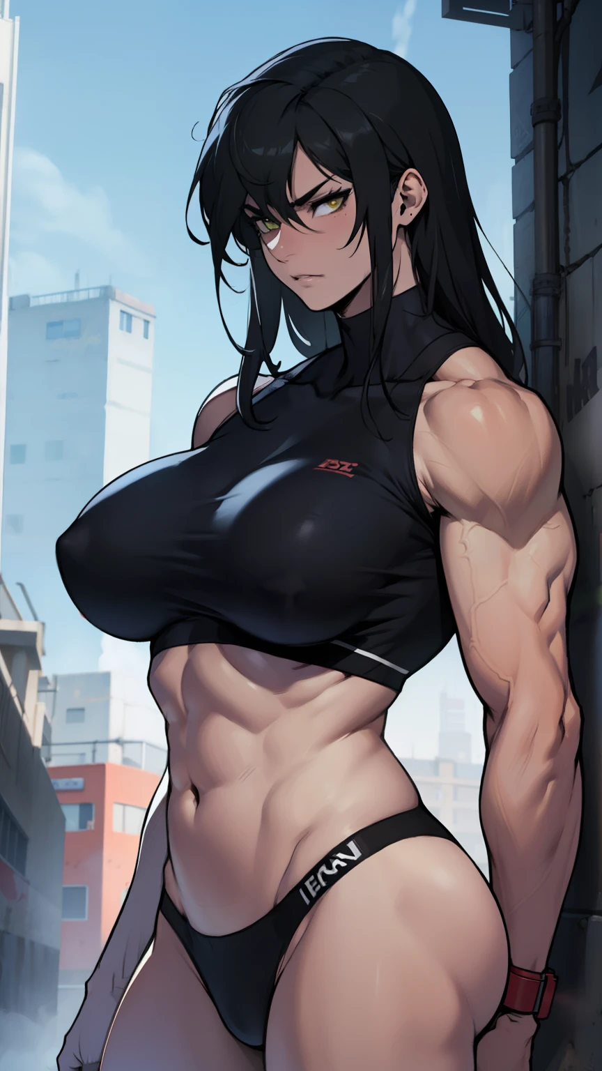 muscular muscular muscular huge breasts huge breasts huge breasts thick thick thick pale skin black hair yellow eyes sad