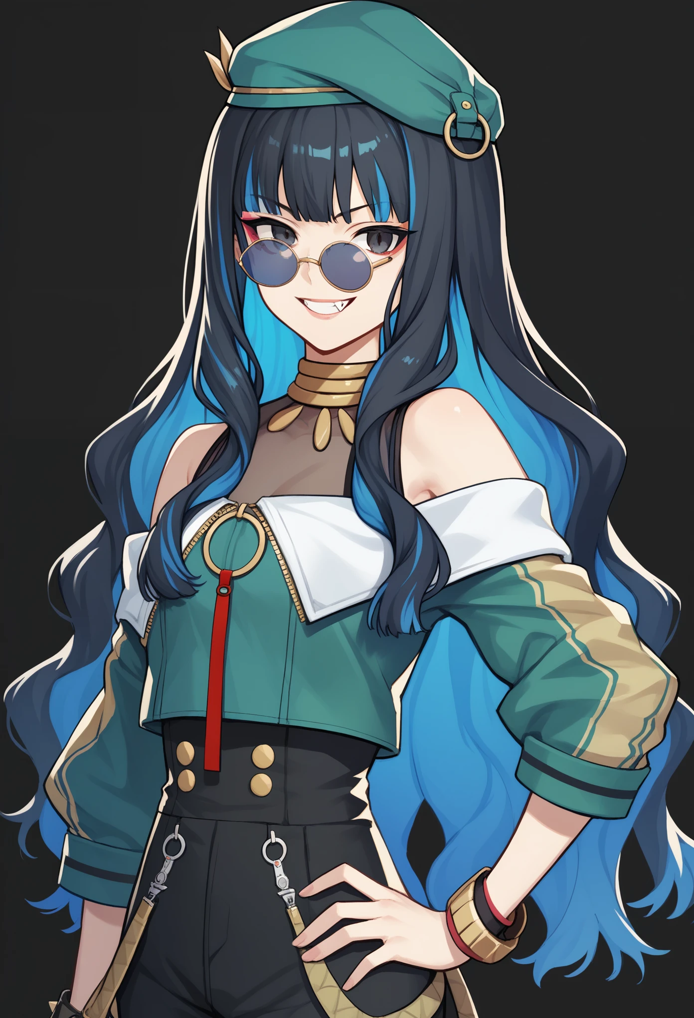 masterpiece, score_9, score_8_up, score_7_up, front, 1girl, solo, long hair, multicolored hair, black hair, sidelocks, colored inner hair, blue hair, wavy hair, eyeliner, makeup, jewelry, beret, o-ring, neck ring, black shorts, buttons, double-breasted, sunglasses, round eyewear, bracelet, bare shoulders, green jacket, off shoulder, zipper, contrapposto, hand on hip, grin, fang, black background, simple background