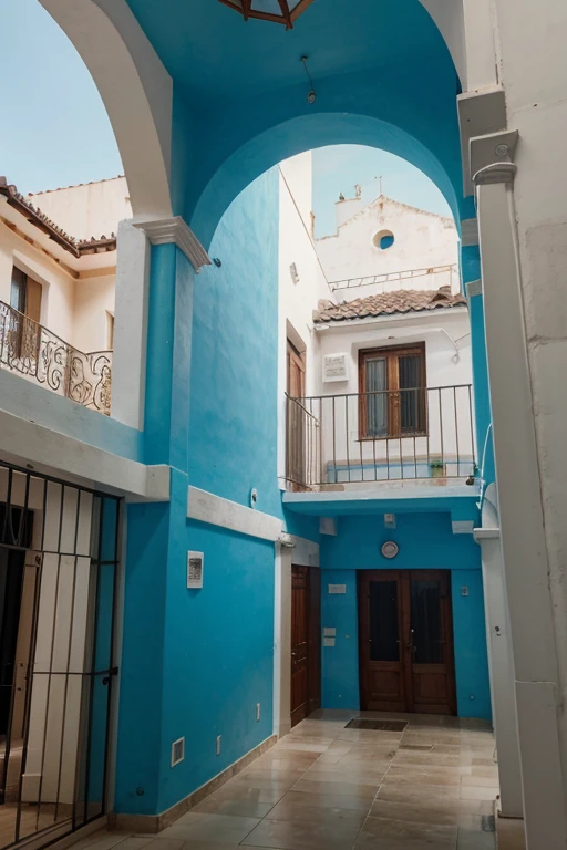 The building has a cerulean blue color, menos en el centro del edificio que tiene un color verde agua, pero muy clarito.
Also, puedo observar unas ventanas, con forma de arco, that in each of them has a balcony, menos las del centro del edificio. Hay tres ventanas en el lado izquierdo, otras tres en el lado derecho y en el centro cuatro. Las ventanas tiene forma de arco, which is surrounded by small designs.
El interior de las ventanas de la izquierda y de la derecha; el cristal tiene forma de rectangulo, but the windows in the center of the building have a different design, porque son cuadrados.
Es un edificio de tres pisos, with many types of designs.
Justo en la parte inferior, justo en el centro: the door is located, which also has an arch shape, with little designs around it.