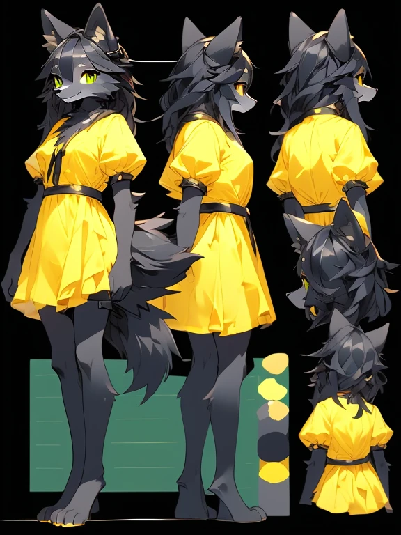 ( Absurdly , High quality , ultra detailed ) ,( hand detailed ) absurdres(highly detailed beautiful face and eyes)perfect anatomy, 1girl, solo, young (concept art, character sheet) (wolf fox) (10-year-old (female black wolf), (bright green eyes), ((black fur, extremely long black hair)))  ((wolf girl yellow dress)) Fluffy anthropomorphic wolf fox, Fluffy wolf, wolf tail, Body fur, (detailed eyes) black wolf, yellow cute dress with ribbon, pure black fur, yellow dress, dark blue ribbon, short nose, short snout, cute face (concept art, character sheet) young girl kemono, knee length hair, adorable, cute shy posture, looking at viewer ((extremely detailed fur)) (extremely detailed eyes) calm (((concept art, character sheet, (multiple views)))) ((adventure clothing (cute dress))), bright green eyes, hair goes down to feet, extremely long hair, angelic 