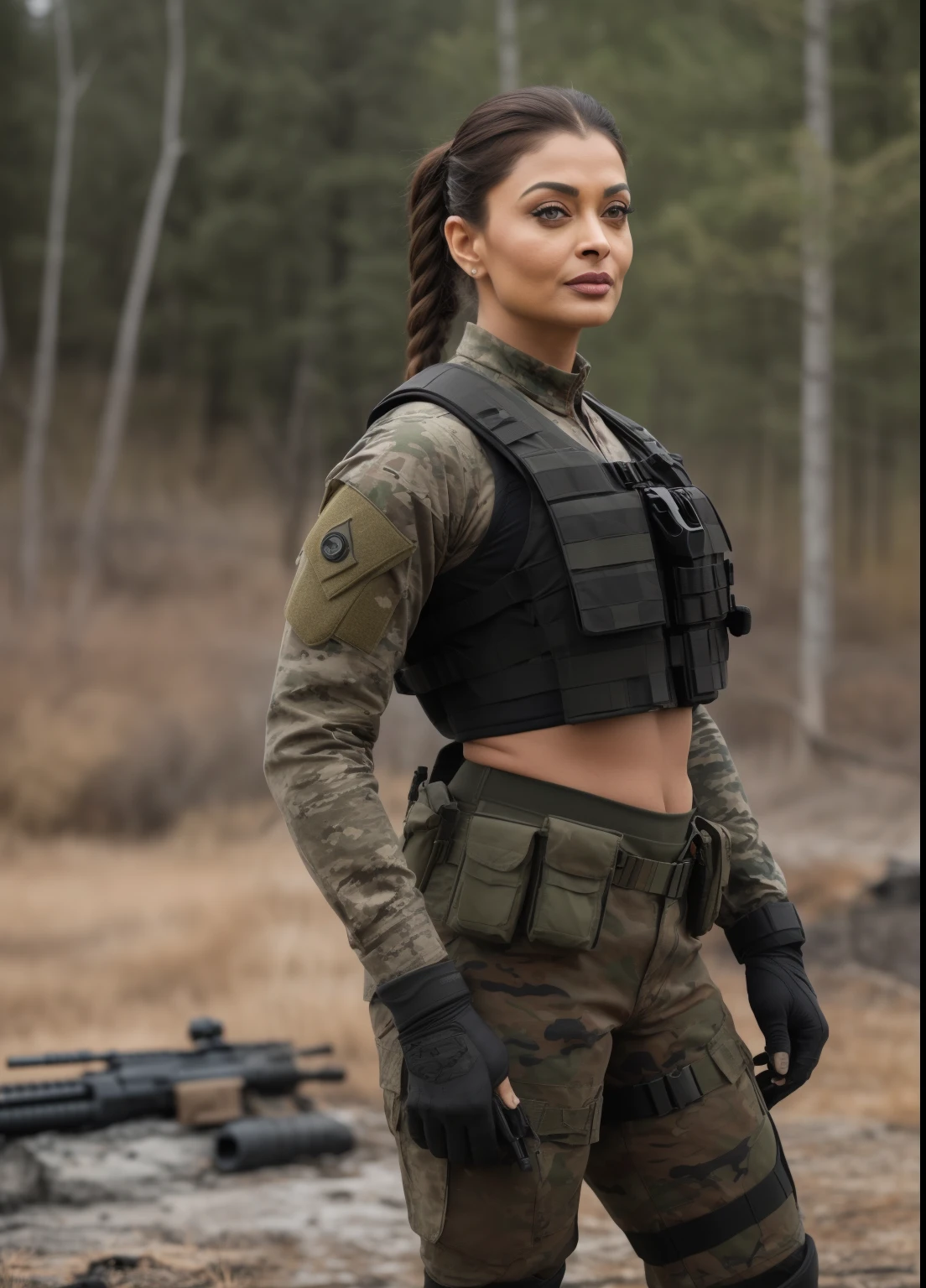 45yo MATURE MILF AISHWARYA RAI, with assault riffle in hands, (photorealistic), beautiful lighting, best quality, realistic, full body portrait, real picture, intricate details, depth of field, 45-years-old, next to a fire in army camp in cold snowstorm, A very attractive milf solider girl with ((single ponytail hair)), wearing black military shorts and tight crop top, knee high boots, camo plate carrier rig, combat gloves, (magazin pouches), (kneepads), highly-detailed, perfect face, hazel eyes, lips, wide hips, small waist, tall, make up, tacticool, Fujifilm XT3, outdoors, bright day, Beautiful lighting, RAW photo, 8k uhd, film grain, ((bokeh))