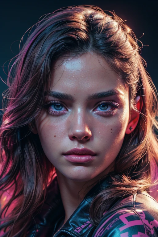 1girl, colorful theme, synthwave sky,(best quality, high quality, high resolution), realistic, ultra-detailed, highly detailed face features, absurdres,  realistic lighting and reflections, highly detailed face features, see through shirt, best photo,high quality illustration