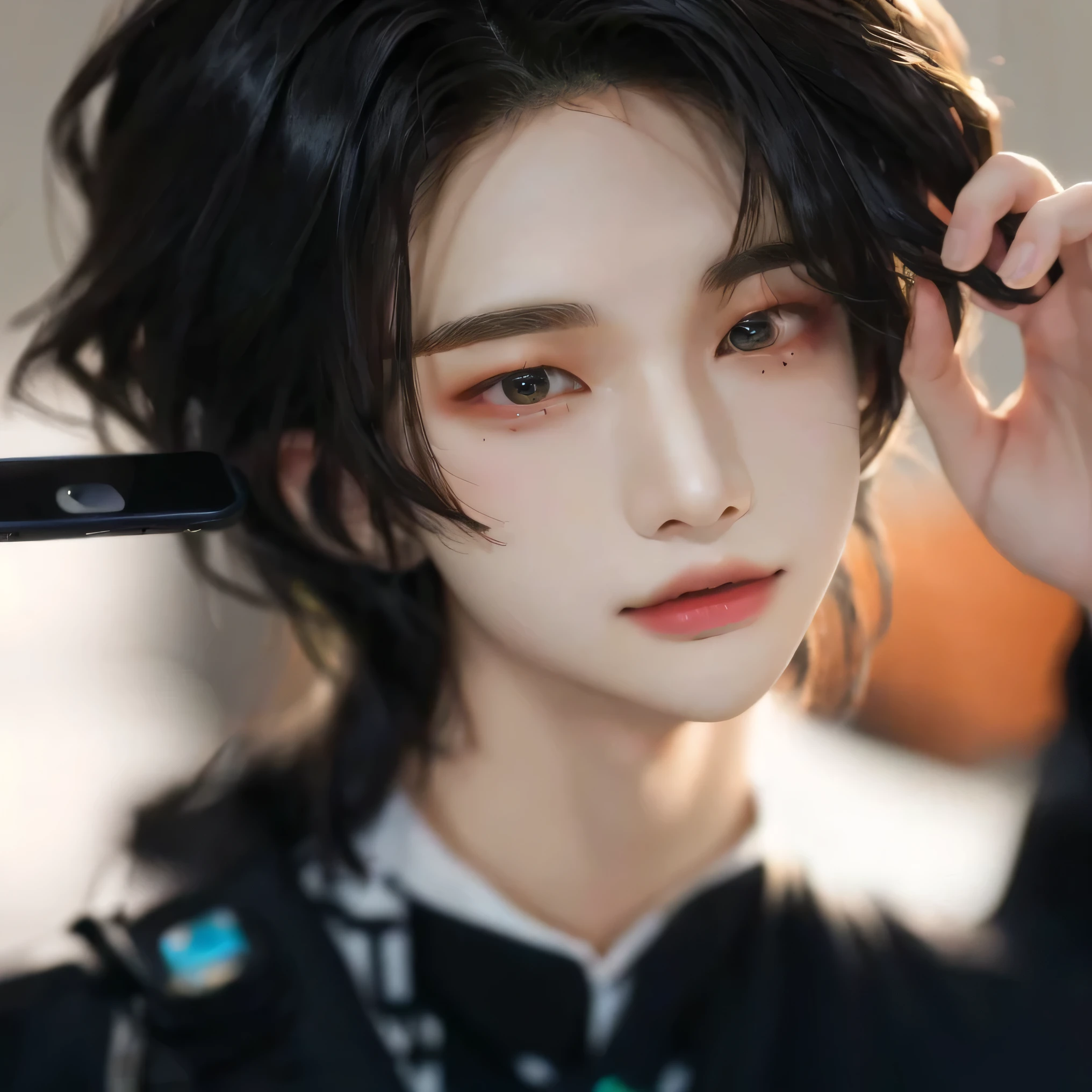 a close up of a person looking at a cell phone, young man angel, inspired by Zhang Han, cai xukun, yanjun chengt, jinyoung shin, yan, mingchen shen, jinyoung shin aesthetic, sha xi, handsome japanese cute boy, jia, jin shan, wan adorable korean face, ruan jia beautiful!, beautiful androgynous prince, big green eyes with curly hair