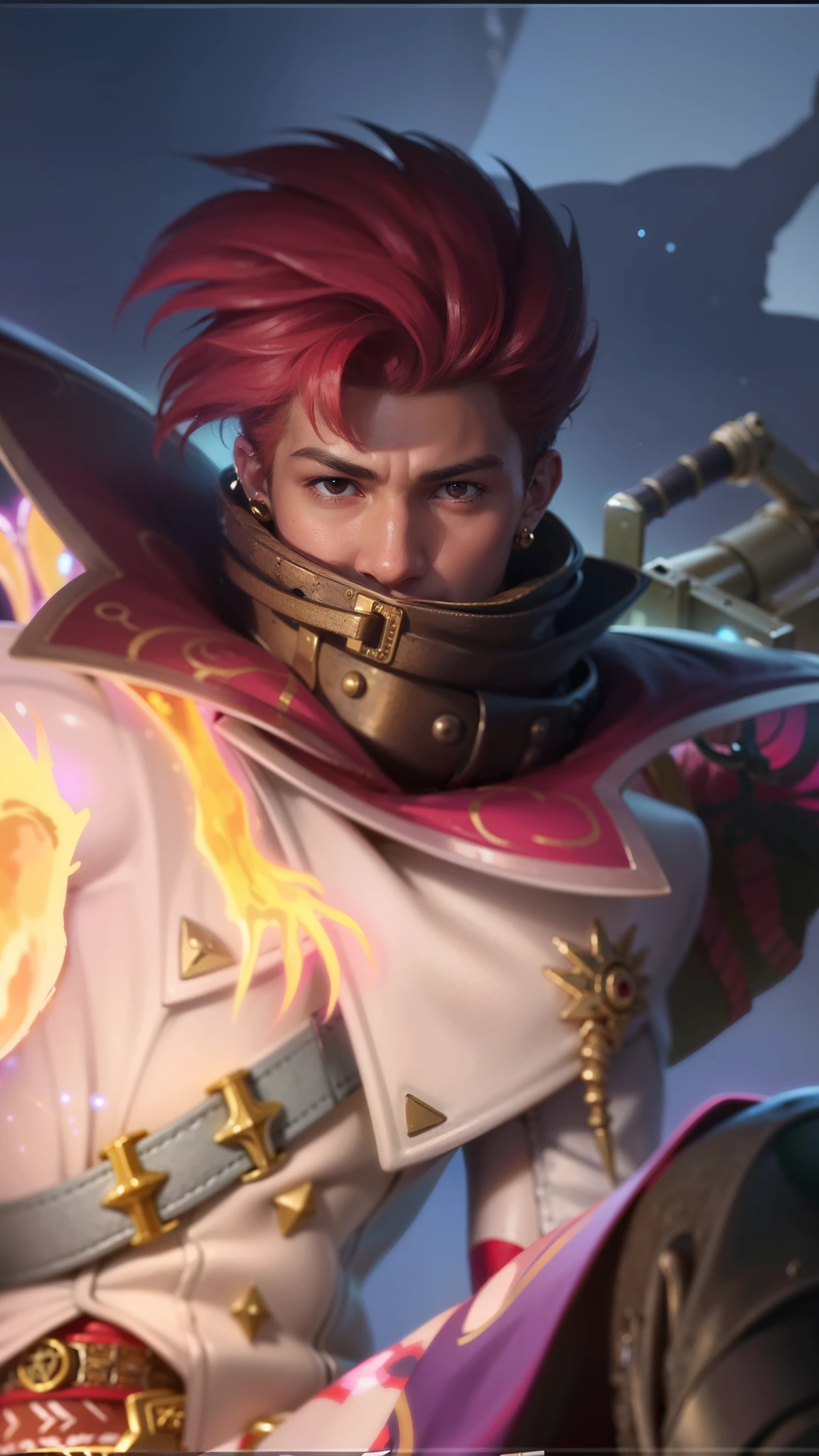 a close up of a boy with a steampunk mask on, Best quality, masterpiece, detailed skin texture, detailed clothes texture, detailed face, super detail, 8k, intricate detail, 1 boy, The color doesn't change, Muscle guy, 1 guy, red eyes.