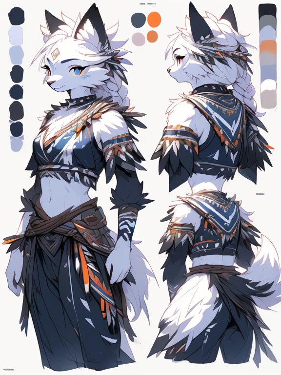 ( Absurdly , High quality , ultra detailed ) ,( hand detailed ) , 1girl, solo, mature, (concept art, character sheet), absurdres(highly detailed beautiful face and eyes)perfect anatomy Solo, sfw, Young Female white fox-cat (((lean-body))) (((medium breasts))) (short snout),(((fur (black stripe) between neck and shoulder towards chest))) ((fur (black stripes) on waist))(ears are darker), (heterochromia (orange, violet)), (cat tail (black at end)), (white hair (single-braided)), (fantasy adventure type clothing ((violet shirt (crop top))), (navy-blue belt) khaki pants)), happy ((looking at viewer)) ((Female wolf)) (detailed eyes) (clevedge, (collarbone, shoulders), (solo, (1girl)) ((((fluffy white fur)))) ((extremely detailed fur)) (violet crop top) ((hair in face)) (big braid), sfw, (thin long tail) (heterochromia) (extremely detailed eyes) joyful (((concept art, character sheet, (multiple views)))) ((adventure fantasy, snow tribal clothing)) (snow tribe clothing)