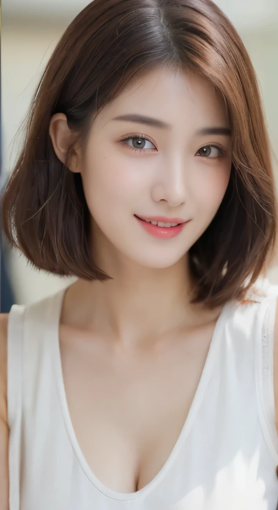 ((top-quality、8K、masterpiece:1.3))、1girl in、Slim Abs Beauty:1.3、(Hairstyles Brown Hair Shortcuts、Colossal tits:1.2)、doress:1.1、Super fine face、Delicat eyes、double eyelid、A smile、Home、Raw photo、Tank Tops、tits out