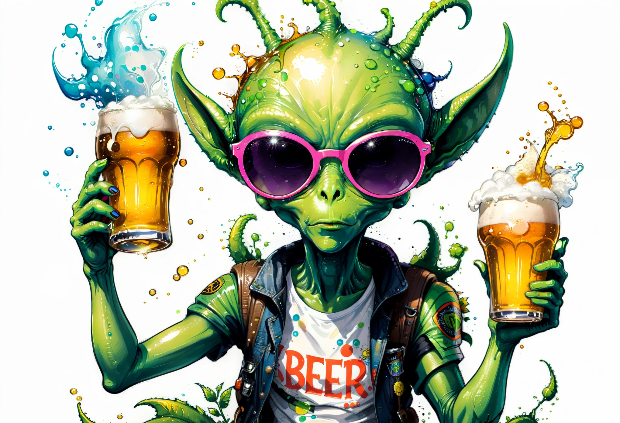a alien with beer and sunglasses, ink draw, lots of coloured lettering, simple white background,