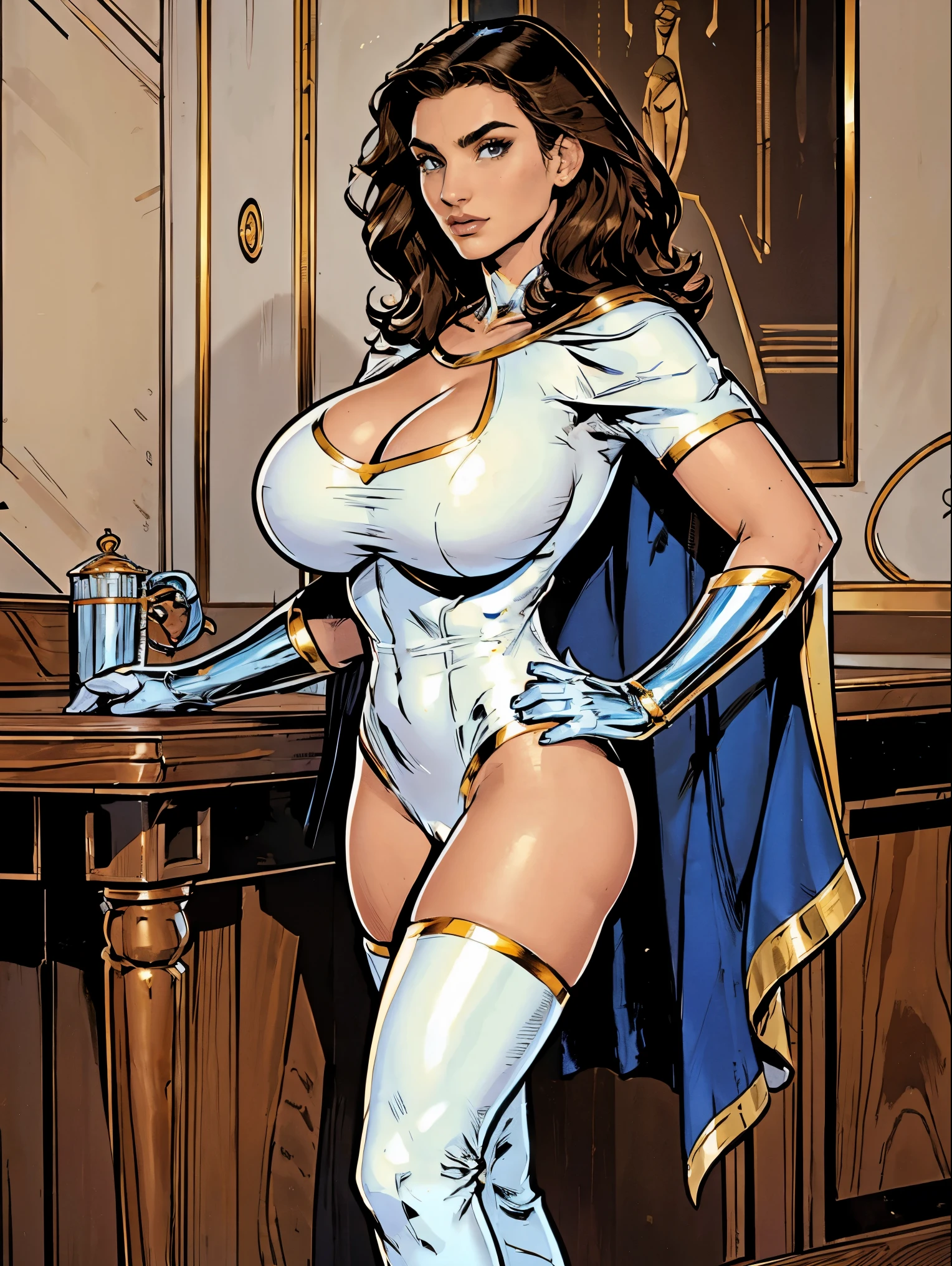 Gorgeous and sultry busty athletic (thin) brunette with sharp facial features and a (large nose) and (huge boobs) wearing a white and gold superhero leotard, cape, gloves, thigh-high boots