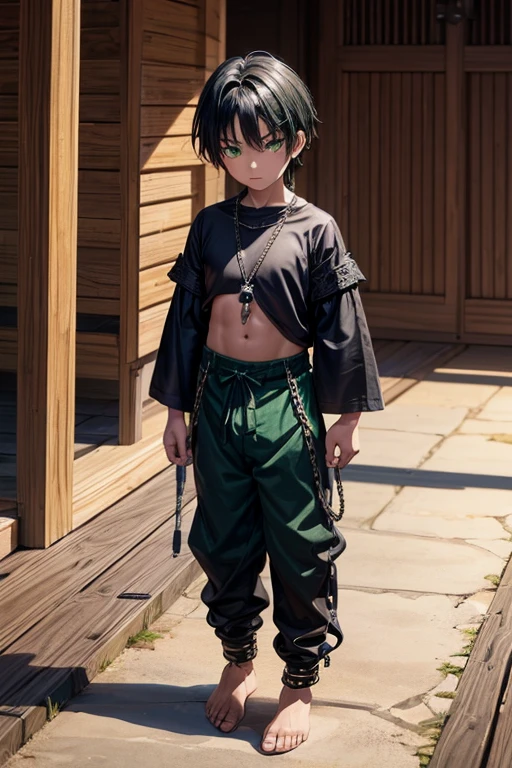 5 year old boy looks like a medieval viking slave green eyes black hair with a wooden amulet in the shape of a dragon on a background thin build worn clothes torn t-shirt and pants chains on hands and feet mine background