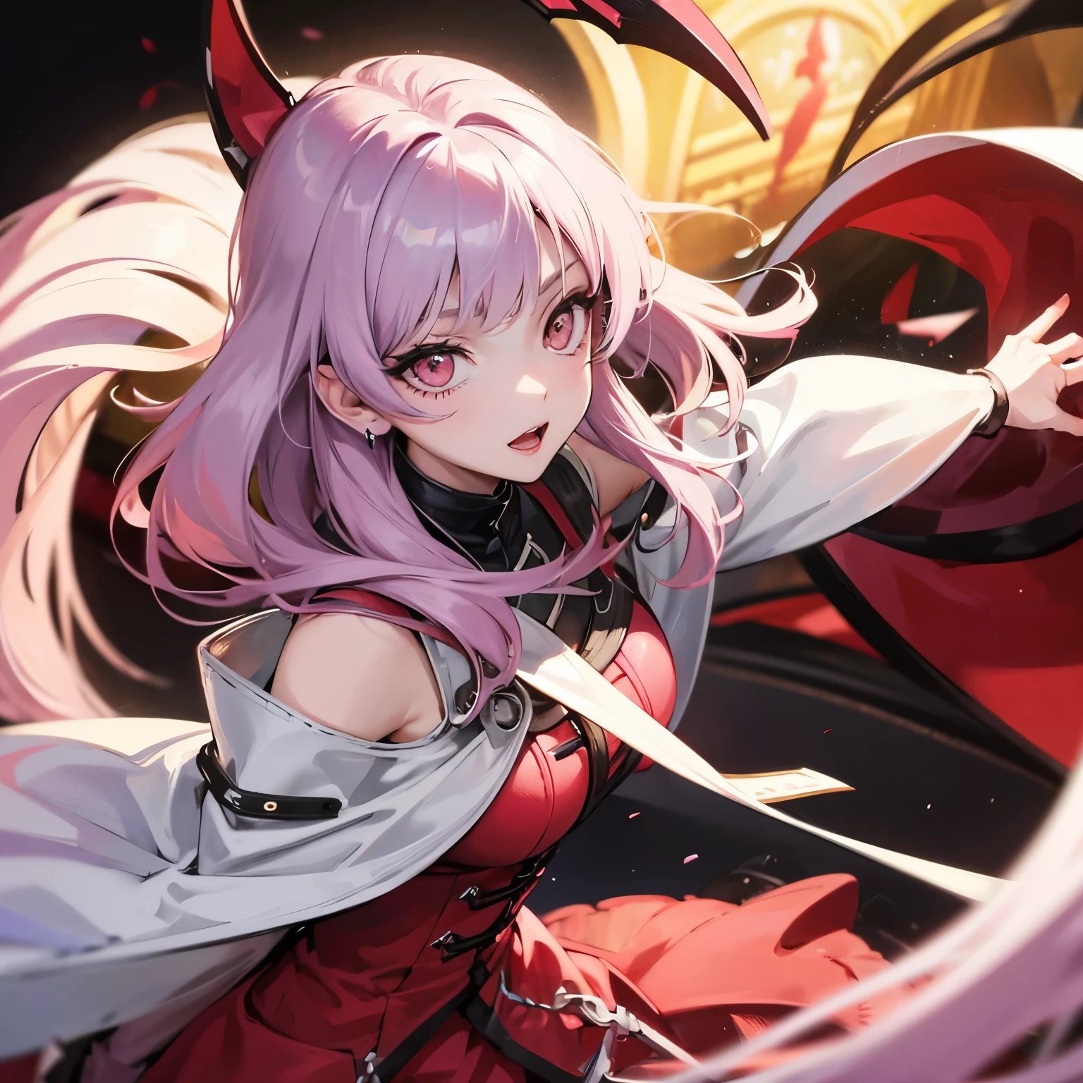 Anime girl with white bangs, lilac hair, crimson clothes, pink eyes, Loose hair