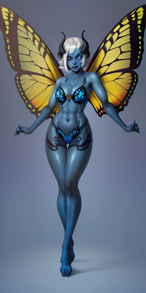1sologirl (((oni very blue skin, 2sheep short curled horns, 2legs, 2arms, toned body, white bob hair, happy, full body portrait, butterfly wings winged))) (masterpiece, ultra detailed high quality, high resolution, best quality) barefoot bare arms, purple pinched eyes, yellow BIKINI stockings sleeves