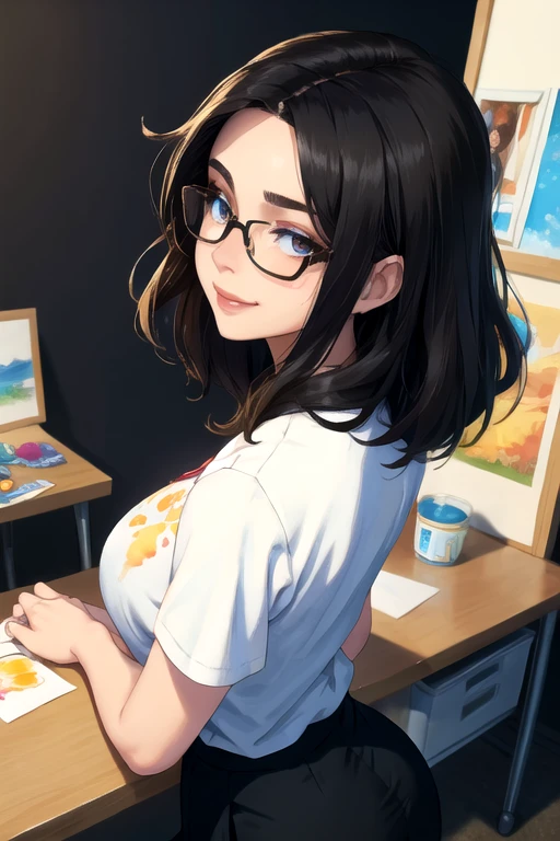 masterpiece, best quality, ultra detailed, dynamic angle, front view, watercolor and oil painting fusion, hot black artwork, white line art, beautiful woman, 1 woman, older woman, beauty, perfect anatomy, perfect eyes, perfect fingers, perfect hands, anime girl, secretary, white shirt, short black skirt glasses, tight, ass, breast, thighs, black hair, siren black eyes, seductive smile, office background, soft, seductive, hot, spicy, orgasm face,