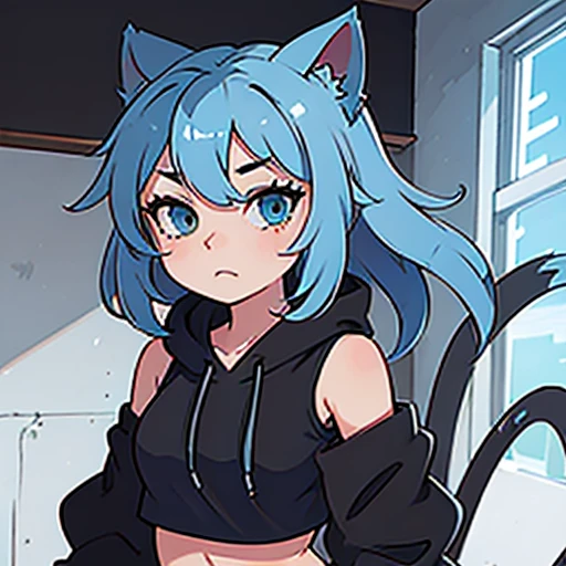catgirl with blue/light blue/red/green hair, long fluffy tail, black crop top or oversized hoodie, black panties or a black oversized hoodie