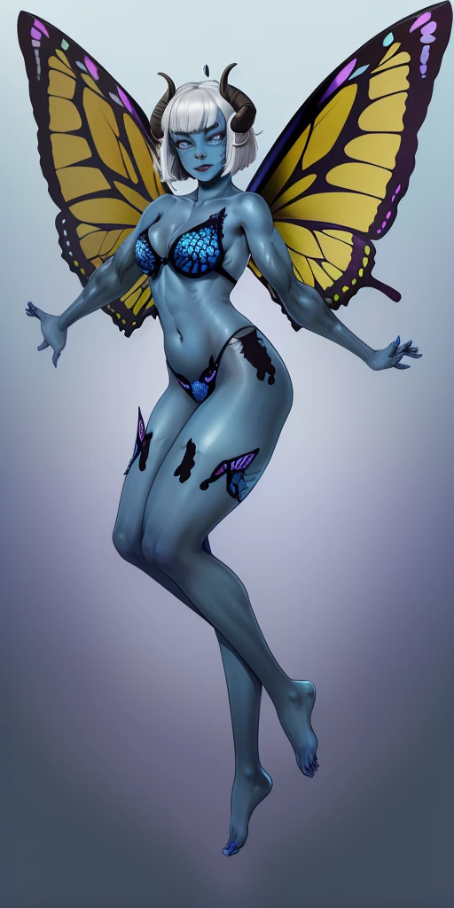 1sologirl (((oni very blue skin, 2sheep short curled horns, 2legs, 2arms, toned body, white bob hair, happy, full body portrait, butterfly wings winged))) (masterpiece, ultra detailed high quality, high resolution, best quality) barefoot bare arms, purple pinched eyes, yellow BIKINI stockings sleeves