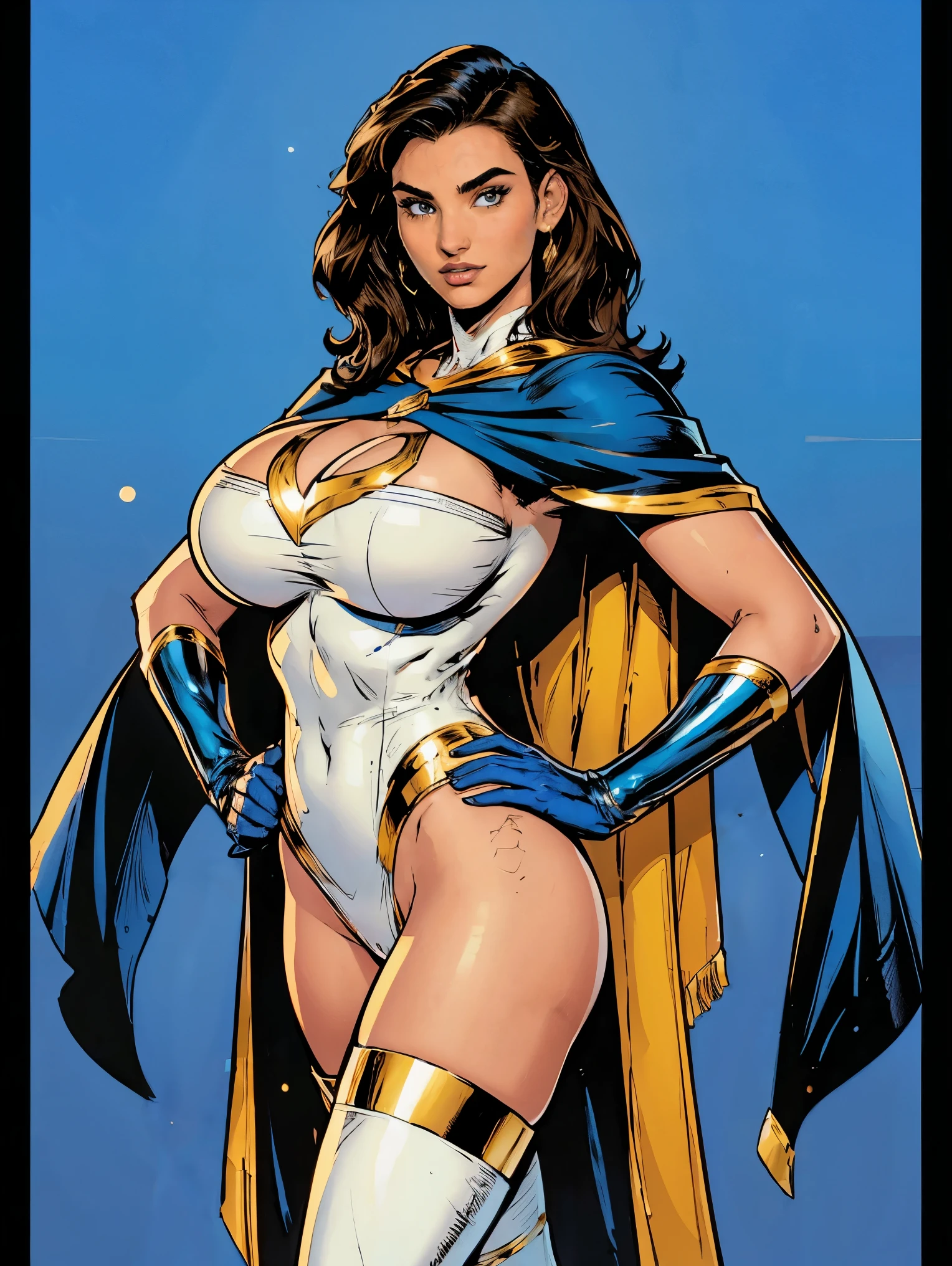Gorgeous and sultry busty athletic (thin) brunette with sharp facial features and a (large nose) and (huge boobs) wearing a white and gold superhero leotard, blue cape, gloves, thigh-high boots