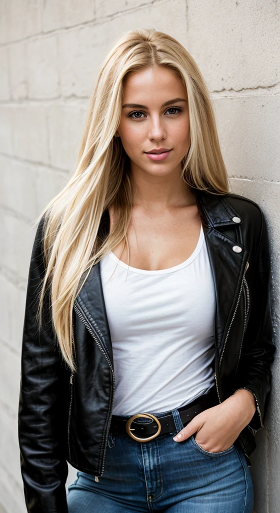 A 23 year old blonde woman, ((big breasts)), ((hyperrealism)) ,. Blonde hair with light brown roots. blonde hair, Hair with brown roots, extra long hair, very long hair, very long hair, very long hair, very long hair, very long hair, very long hair, beautiful, front view, take a photo, Photo taken, full body, in wearing a black leather jacket, white t-shirt, and fit jeans with a stylish belt, with a low-cut top, photo at the leaning against the wall, high quality, Nikon D850 film stock photograph Kodak Portra 400 camera f1.6 lens, full body, sexy body, sexy body.