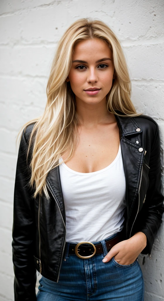 A 23 year old blonde woman, ((big breasts)), ((hyperrealism)) ,. Blonde hair with light brown roots. blonde hair, Hair with brown roots, extra long hair, very long hair, very long hair, very long hair, very long hair, very long hair, very long hair, beautiful, front view, take a photo, Photo taken, full body, in wearing a black leather jacket, white t-shirt, and fit jeans with a stylish belt, with a low-cut top, photo at the leaning against the wall, high quality, Nikon D850 film stock photograph Kodak Portra 400 camera f1.6 lens, full body, sexy body, sexy body.