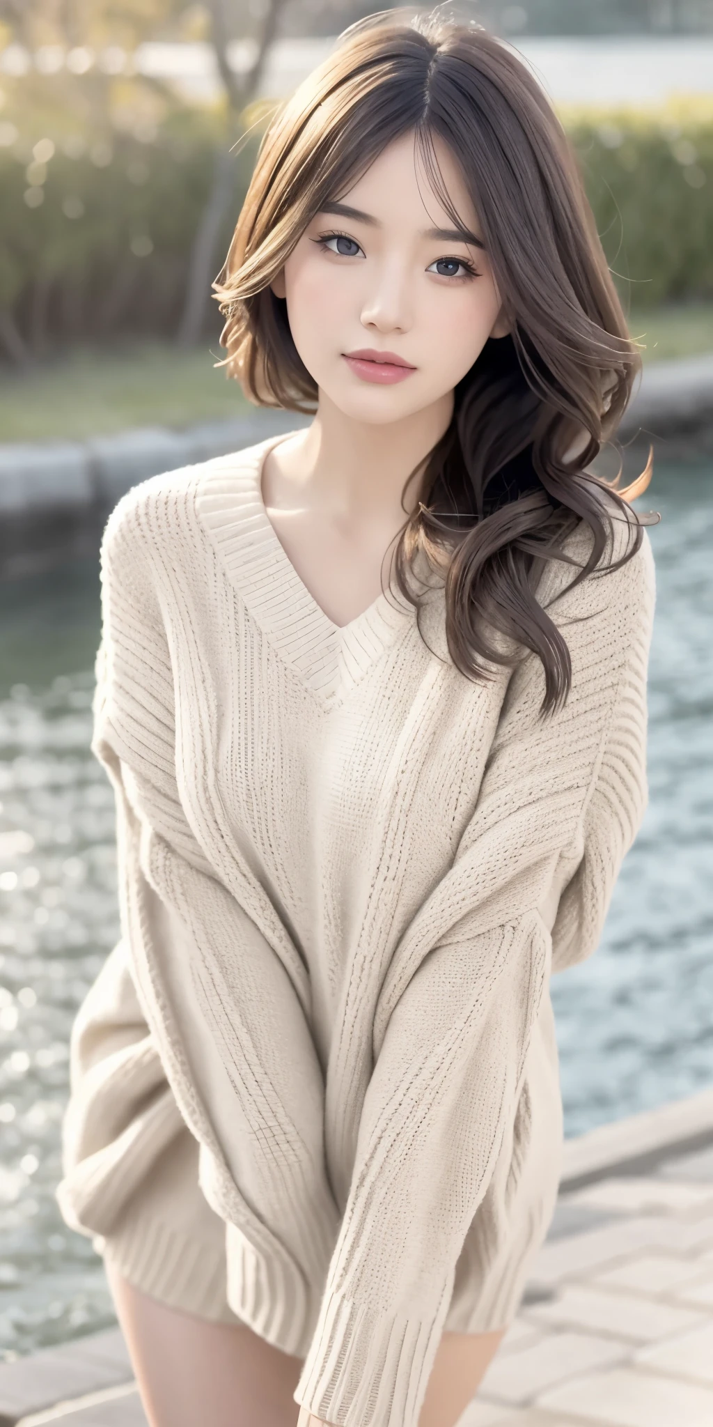 1girl walking on the river, mix4, sweater, pillow, lips, open_mouth, realistic, photo_\(medium\), solo, stuffed_animal, stuffed_toy, teddy_bear,(masterpiece),(photorealistic:1.3), ultra-detailed, (high detailed skin:1.2),(best quality:1.0), (ultra highres:1.0), (ulzzang-6500:0.3), wavy detailed hair, long hair, sunshine, (beautiful detailed makeup), (sexually aroused blushing heavy breathing:1.0), floral theme flower petals scattered, (soft glow bloom:0.5)