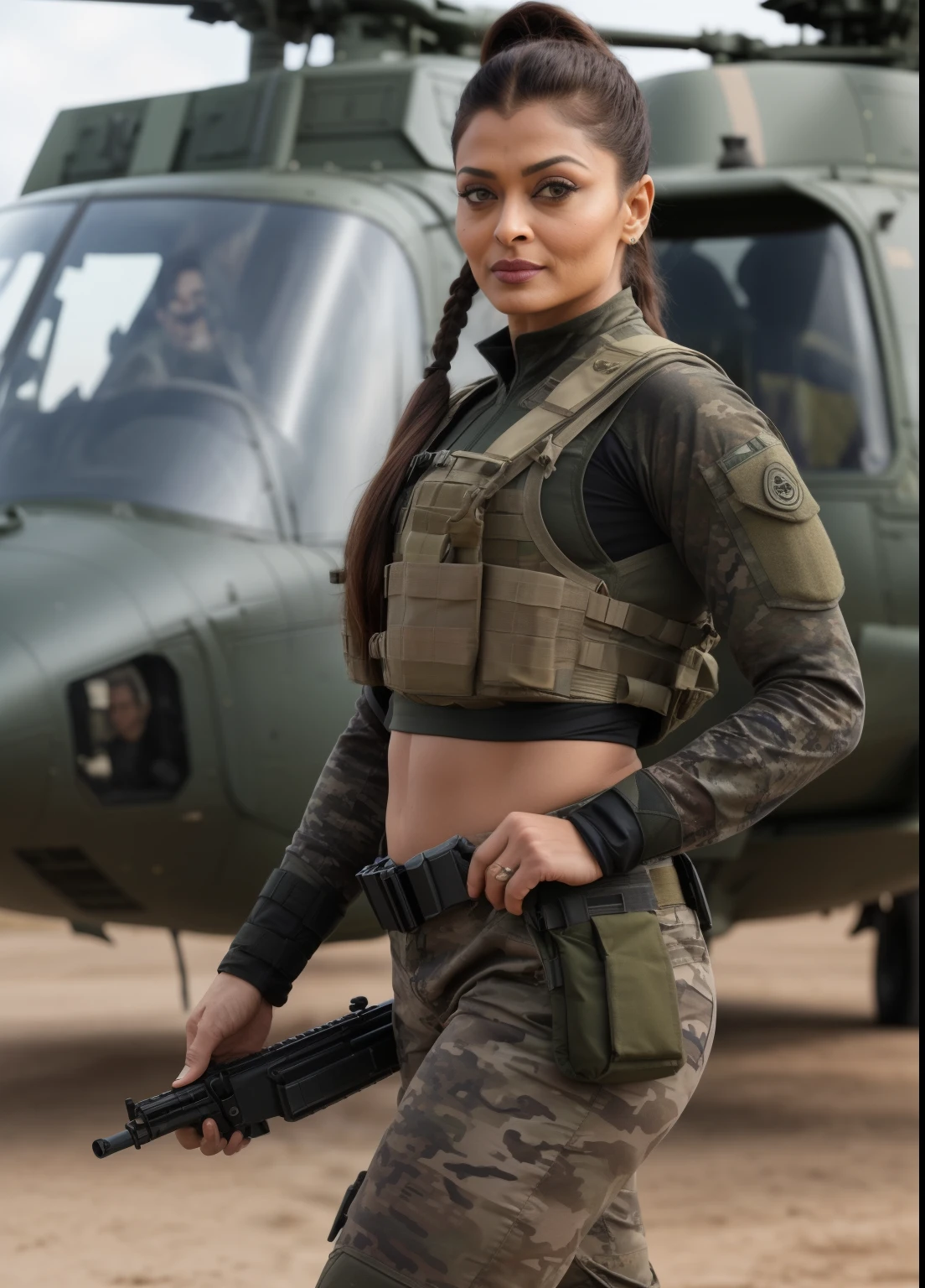 45yo MATURE MILF AISHWARYA RAI, with assault riffle in hands, (photorealistic), beautiful lighting, best quality, realistic, full body portrait, real picture, intricate details, depth of field, 45-years-old, standing next to army helicopter, A very attractive milf solider girl with ((single ponytail hair)), wearing black military shorts and tight crop top, knee high boots, camo plate carrier rig, combat gloves, (magazin pouches), (kneepads), highly-detailed, perfect face, hazel eyes, lips, wide hips, small waist, tall, make up, tacticool, Fujifilm XT3, outdoors, bright day, Beautiful lighting, RAW photo, 8k uhd, film grain, ((bokeh))