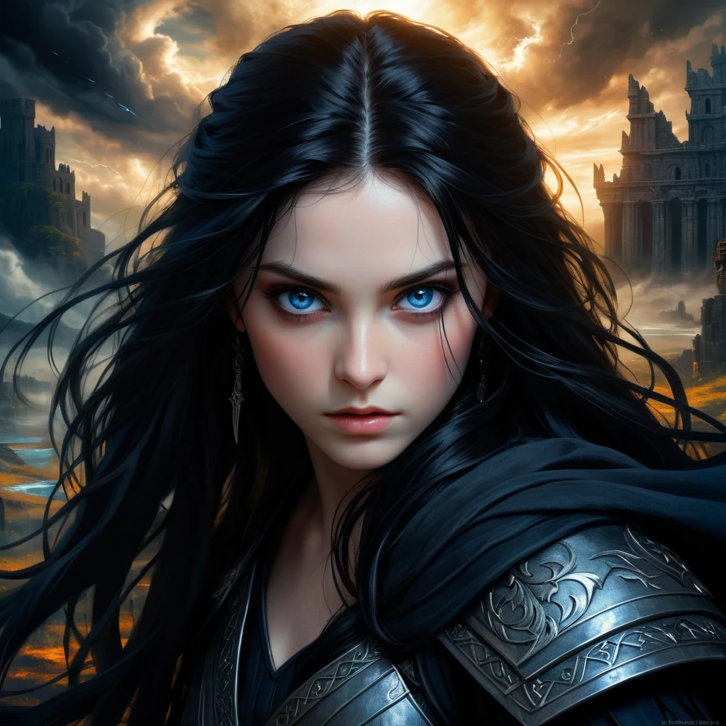 best quality,ultra-detailed,portraits,(realistic:1.37),vivid colors,studio lighting,long black hair,deep blue eyes,girl,brave heart,indomitable spirit,determined,saving the world,imminent danger,detailed face and expression,dark and mysterious atmosphere,intense gaze,black outfit,strong and powerful presence,heroic pose,powerful magic,divine light,ancient ruins in the background,ominous clouds,action-packed scene,adventure,fantasy world,magical creatures,ethereal beauty,epic battle,conflict between good and evil,heroine on a mission to protect,treacherous journey,unwavering courage,emotional and captivating,inspiring and empowering.