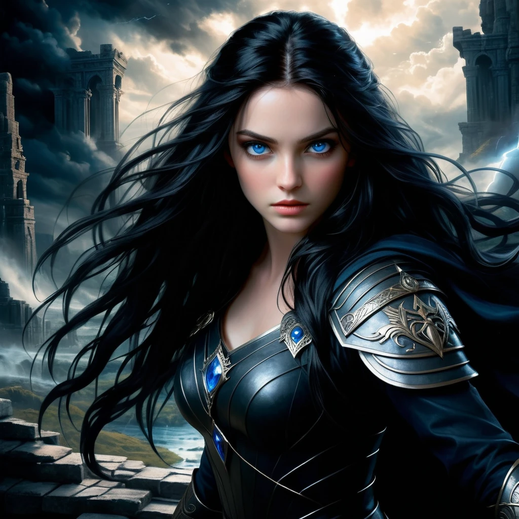 best quality,ultra-detailed,portraits,(realistic:1.37),vivid colors,studio lighting,long black hair,deep blue eyes,girl,brave heart,indomitable spirit,determined,saving the world,imminent danger,detailed face and expression,dark and mysterious atmosphere,intense gaze,black outfit,strong and powerful presence,heroic pose,powerful magic,divine light,ancient ruins in the background,ominous clouds,action-packed scene,adventure,fantasy world,magical creatures,ethereal beauty,epic battle,conflict between good and evil,heroine on a mission to protect,treacherous journey,unwavering courage,emotional and captivating,inspiring and empowering.