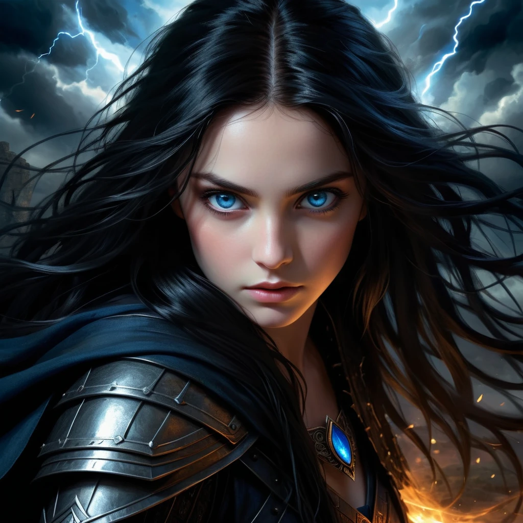 best quality,ultra-detailed,portraits,(realistic:1.37),vivid colors,studio lighting,long black hair,deep blue eyes,girl,brave heart,indomitable spirit,determined,saving the world,imminent danger,detailed face and expression,dark and mysterious atmosphere,intense gaze,black outfit,strong and powerful presence,heroic pose,powerful magic,divine light,ancient ruins in the background,ominous clouds,action-packed scene,adventure,fantasy world,magical creatures,ethereal beauty,epic battle,conflict between good and evil,heroine on a mission to protect,treacherous journey,unwavering courage,emotional and captivating,inspiring and empowering.