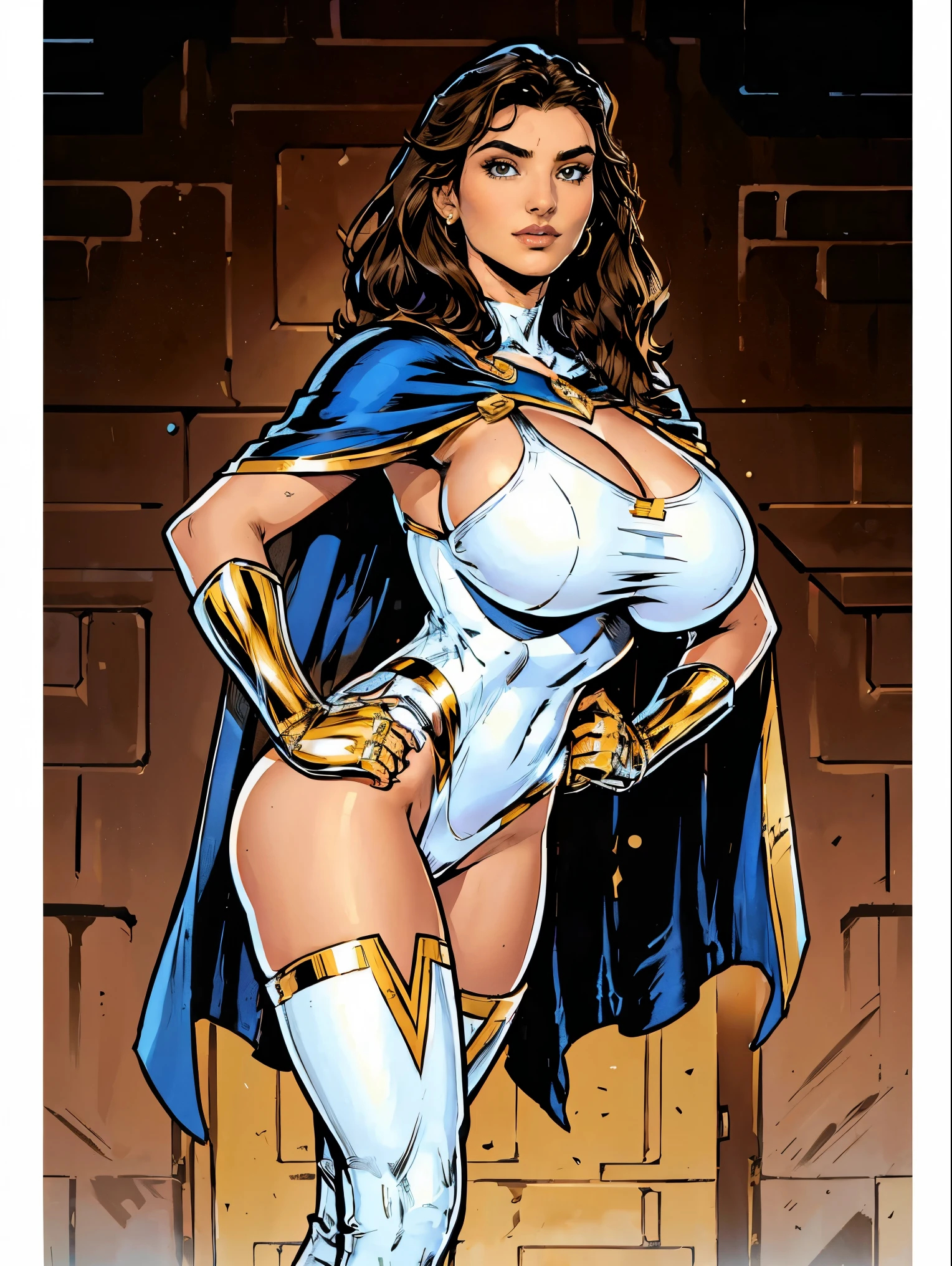 Gorgeous and sultry busty athletic (thin) brunette with sharp facial features and a (large nose) and (huge boobs) wearing a white and gold superhero leotard, cape, gloves, thigh-high boots