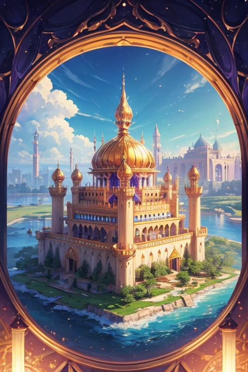 floating island with golden Muslim palace with vegetation and rivers with a tower in the center with a purple fire and blue sky background