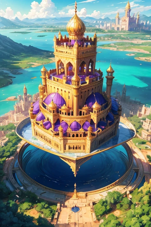 floating island with golden Muslim palace with vegetation and rivers with a tower in the center with a purple fire and blue sky background