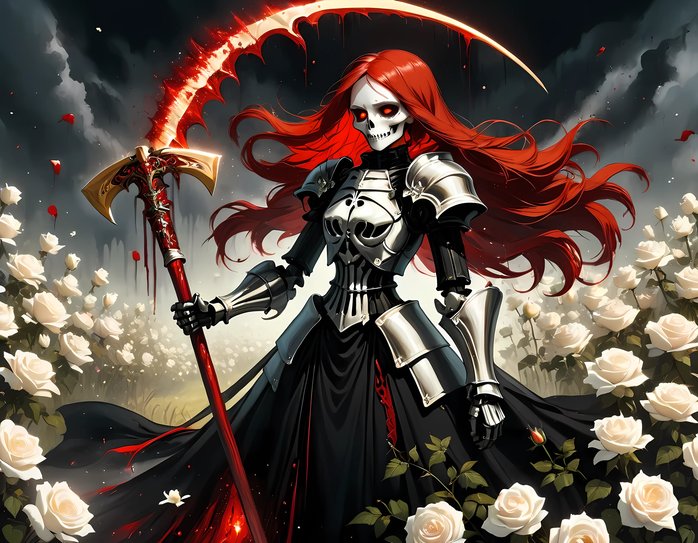 dark fantasy art, a female skeletal grim reaper in a field of white roses, the reaper has (skeletal head: 1.3) , long (red: 1.2) hair , red glowing eyes, she wears black robes, and black armor dress, ArmoredDress, flowing robes, she holds a scythe, in her arms, the scythe is dripping blood, a field of white roses background (best details, Masterpiece, best quality: 1.4), dynamic range, ultra wide shot, photorealism, depth of field, hyper realistic, RagingNebula