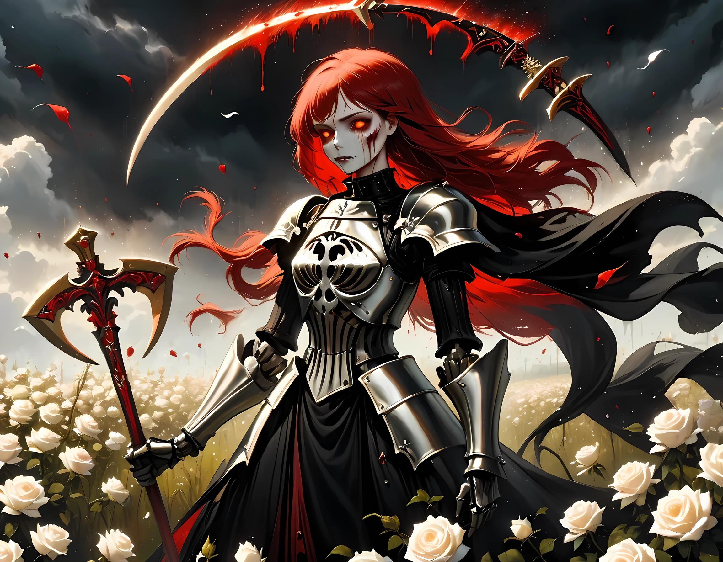 dark fantasy art, a female skeletal grim reaper in a field of white roses, the reaper has (skeletal head: 1.3) , long (red: 1.2) hair , red glowing eyes, she wears black robes, and black armor dress, ArmoredDress, flowing robes, she holds a scythe, in her arms, the scythe is dripping blood, a field of white roses background (best details, Masterpiece, best quality: 1.4), dynamic range, ultra wide shot, photorealism, depth of field, hyper realistic, RagingNebula