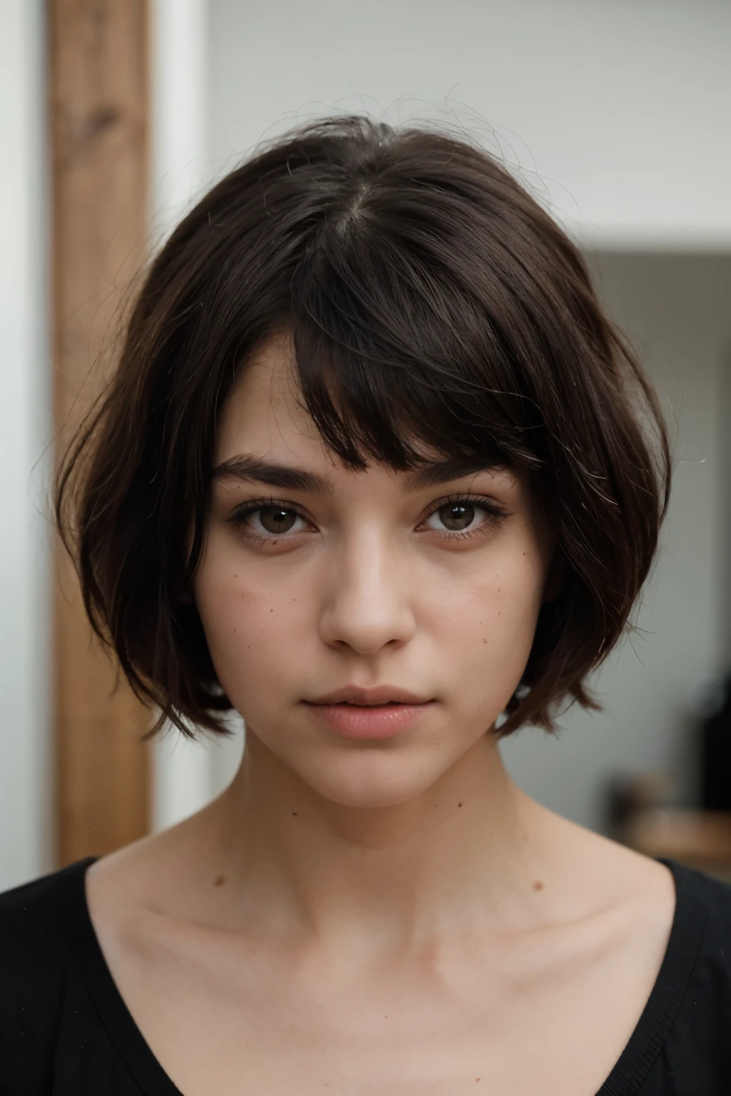photography of a 17yo woman, Black, straight, short bob haircut with bangs partially covering the forehead, Full, well-defined lips with a natural and slightly glossy appearance, Deep, expressive black eyes with thick, well-groomed eyebrows framing the face