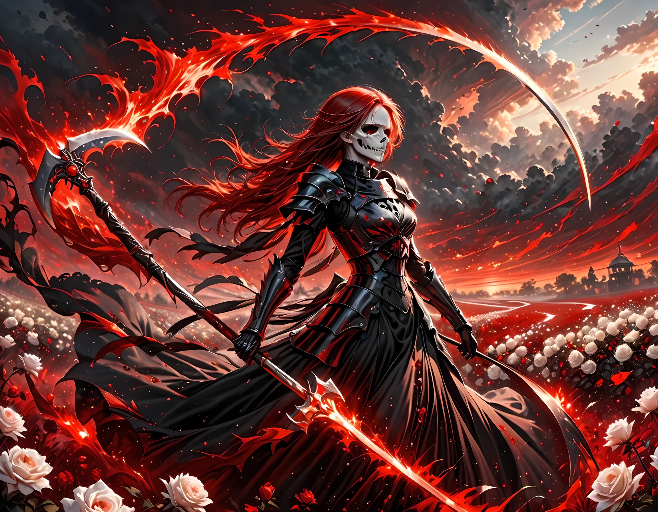 dark fantasy art, a female skeletal grim reaper in a field of white roses, the reaper has (skeletal head: 1.3) , long (red: 1.2) hair , red glowing eyes, she wears black robes, and black armor dress, ArmoredDress, flowing robes, she holds a scythe, in her arms, the scythe is dripping blood, a field of white roses background (best details, Masterpiece, best quality: 1.4), dynamic range, ultra wide shot, photorealism, depth of field, hyper realistic, RagingNebula