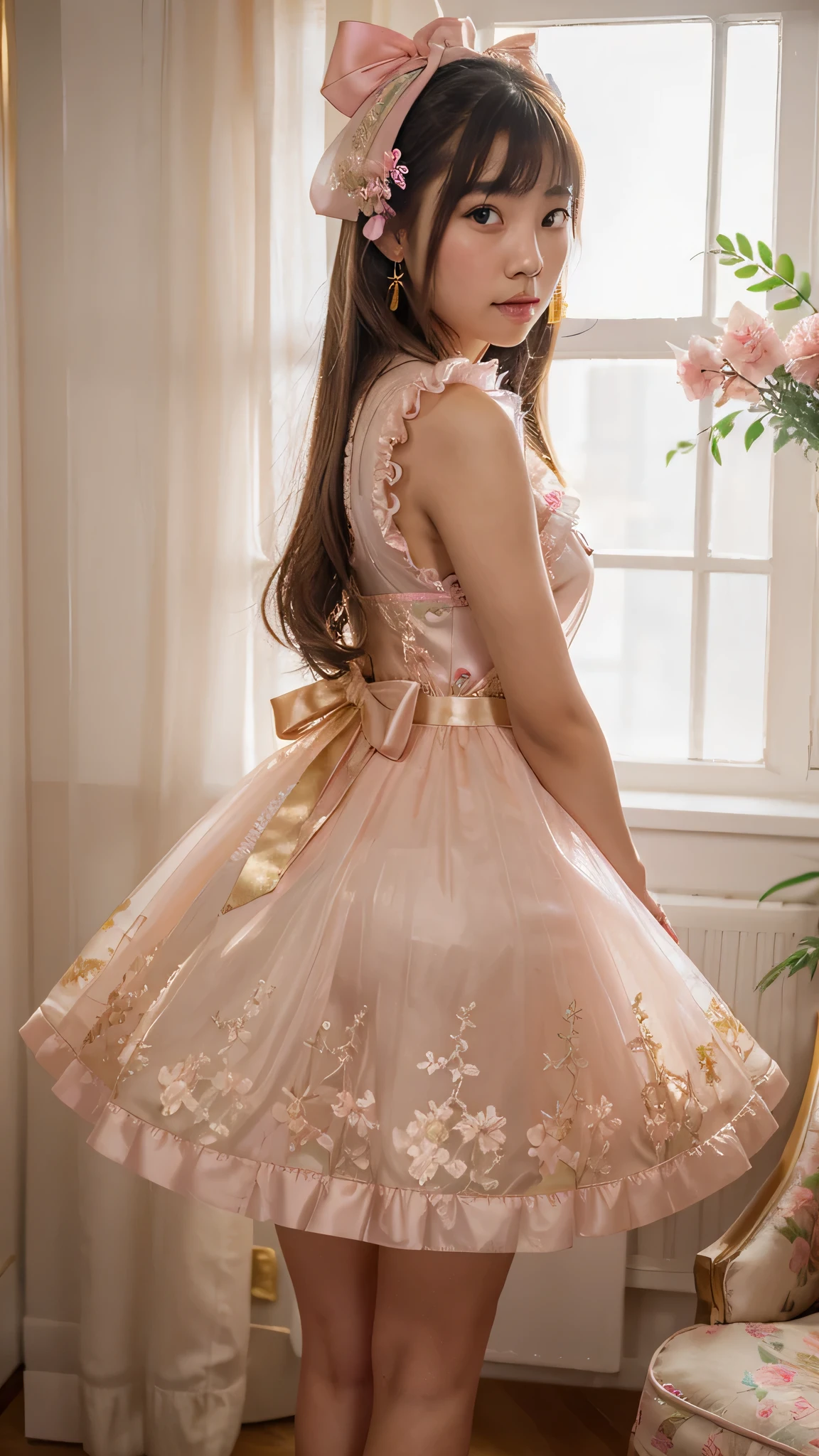 a young asian girl, full body, wearing a transparent pink golden ta dresses, big ribbon ornament on hair, floral earrings, penis penetration on vagina,