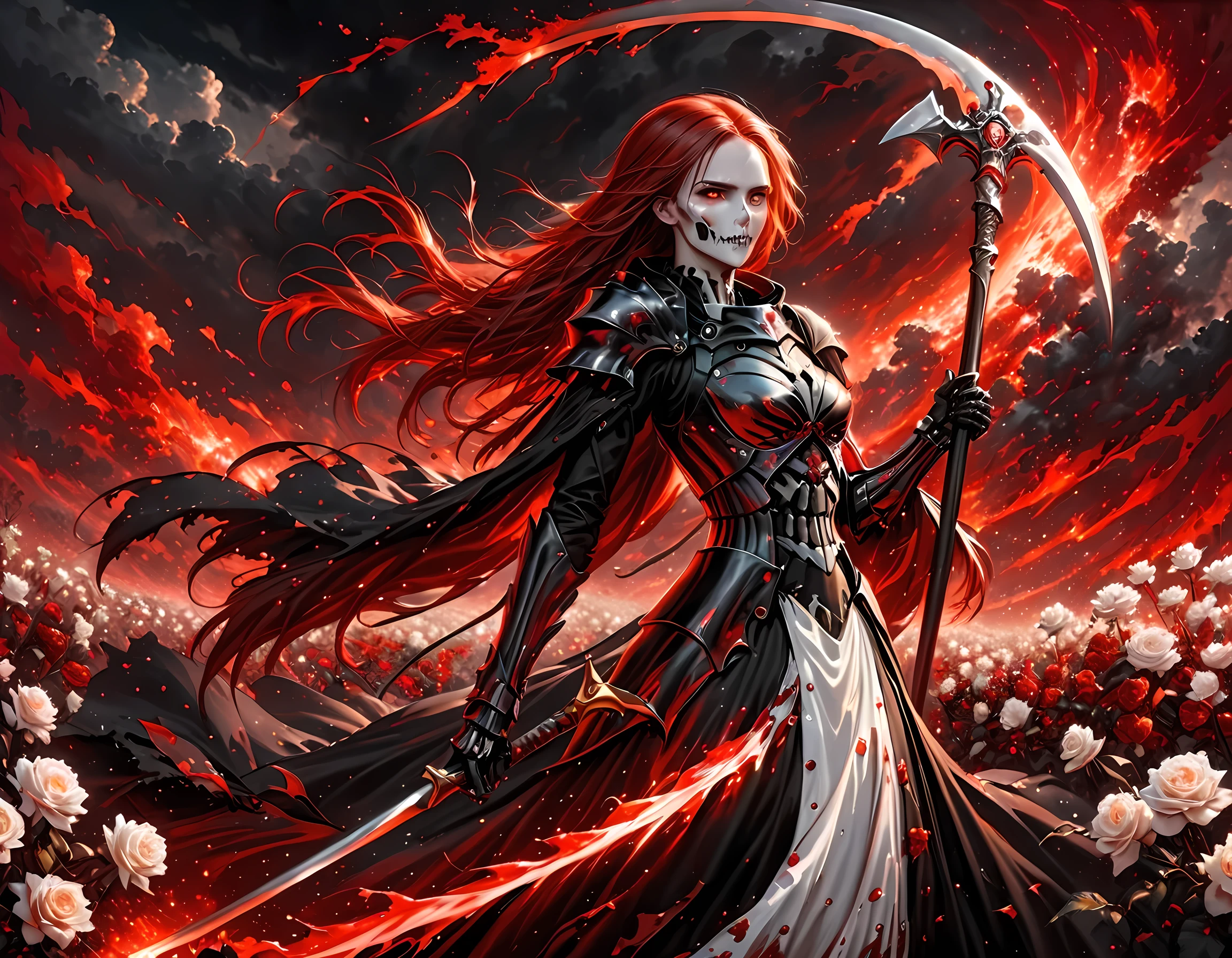 dark fantasy art, a female skeletal grim reaper in a field of white roses, the reaper has (skeletal head: 1.3) , long (red: 1.2) hair , red glowing eyes, she wears black robes, and black armor dress, ArmoredDress, flowing robes, she holds a scythe, in her arms, the scythe is dripping blood, a field of white roses background (best details, Masterpiece, best quality: 1.4), dynamic range, ultra wide shot, photorealism, depth of field, hyper realistic, RagingNebula