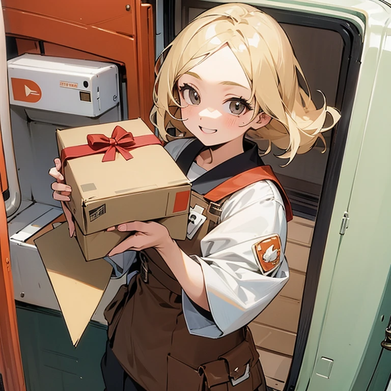 Blonde girl anime postman, holding a brown box in her arms, smiling face