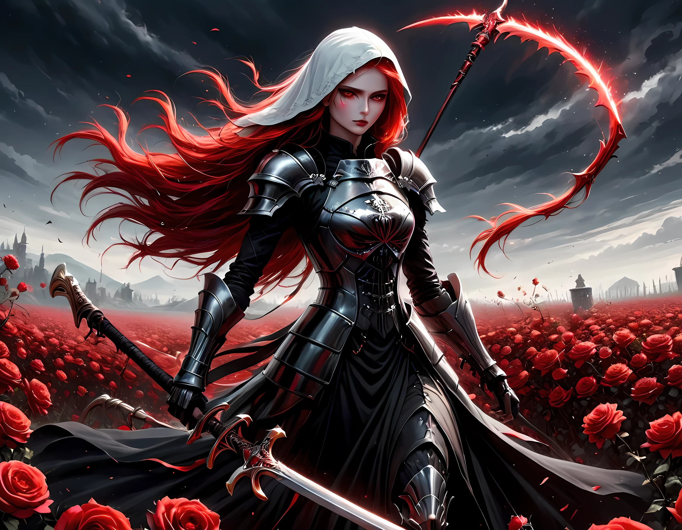 dark fantasy art, a female skeletal grim reaper in a field of white roses, the reaper has (skeletal head: 1.3) , long (red: 1.2) hair , red glowing eyes, she wears black robes, and black armor dress, ArmoredDress, flowing robes, she holds a scythe, in her arms, the scythe is dripping blood, a field of white roses background (best details, Masterpiece, best quality: 1.4), dynamic range, ultra wide shot, photorealism, depth of field, hyper realistic, RagingNebula