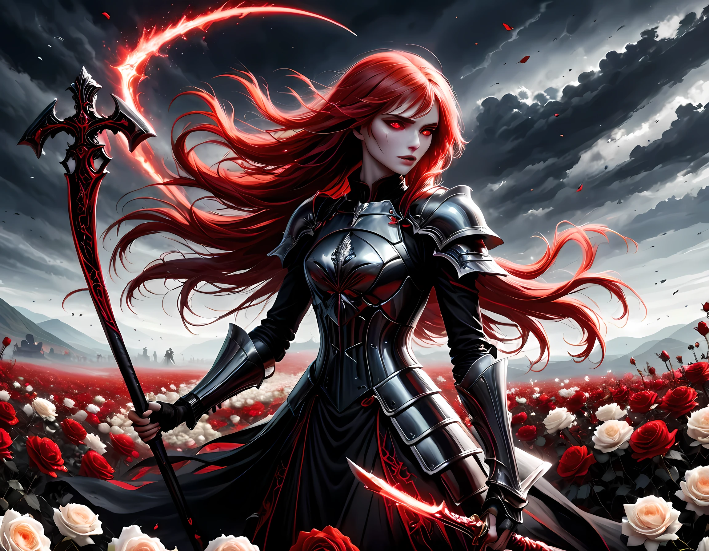 dark fantasy art, a female skeletal grim reaper in a field of white roses, the reaper has (skeletal head: 1.3) , long (red: 1.2) hair , red glowing eyes, she wears black robes, and black armor dress, ArmoredDress, flowing robes, she holds a scythe, in her arms, the scythe is dripping blood, a field of white roses background (best details, Masterpiece, best quality: 1.4), dynamic range, ultra wide shot, photorealism, depth of field, hyper realistic, RagingNebula