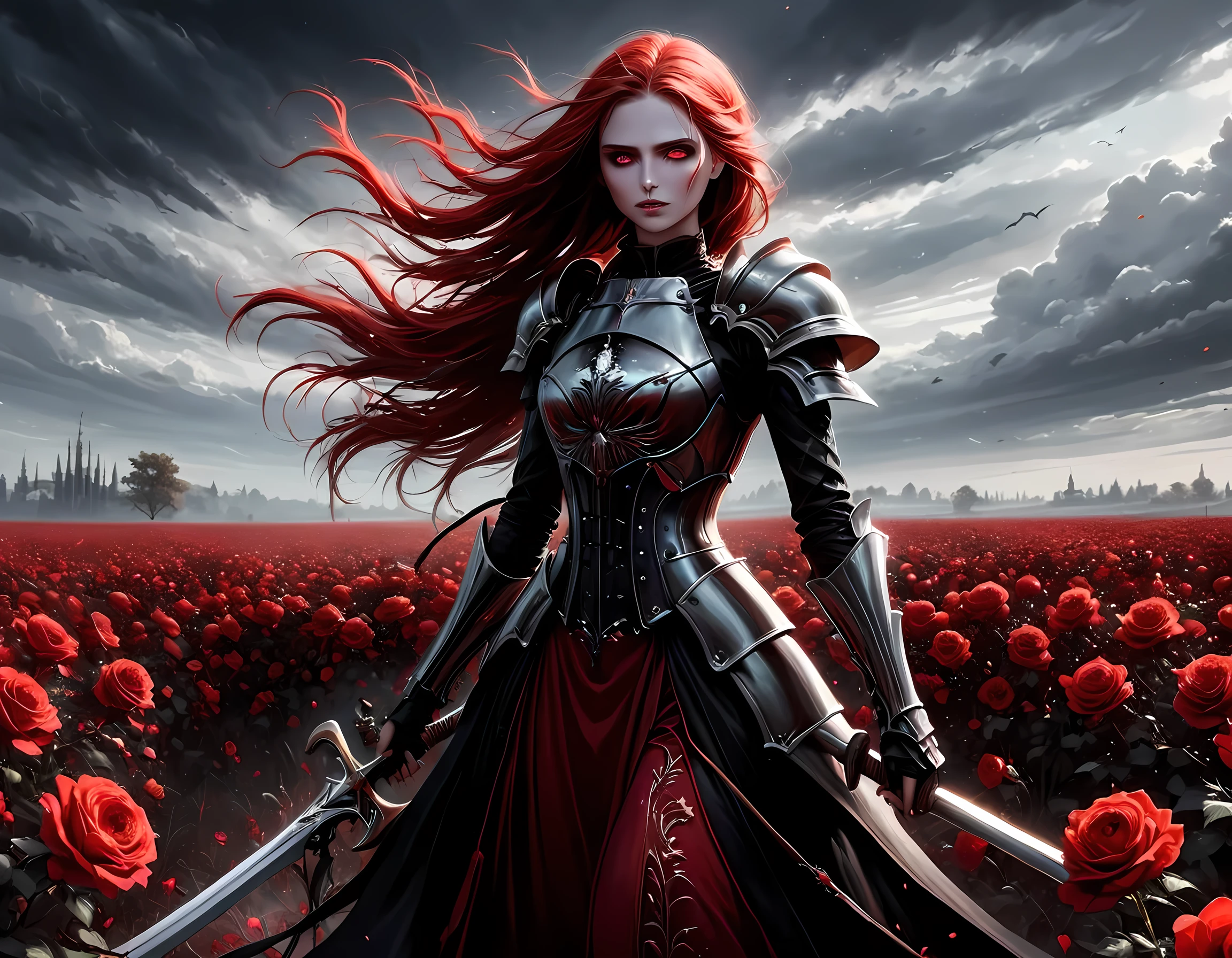 dark fantasy art, a female skeletal grim reaper in a field of white roses, the reaper has (skeletal head: 1.3) , long (red: 1.2) hair , red glowing eyes, she wears black robes, and black armor dress, ArmoredDress, flowing robes, she holds a scythe, in her arms, the scythe is dripping blood, a field of white roses background (best details, Masterpiece, best quality: 1.4), dynamic range, ultra wide shot, photorealism, depth of field, hyper realistic, RagingNebula